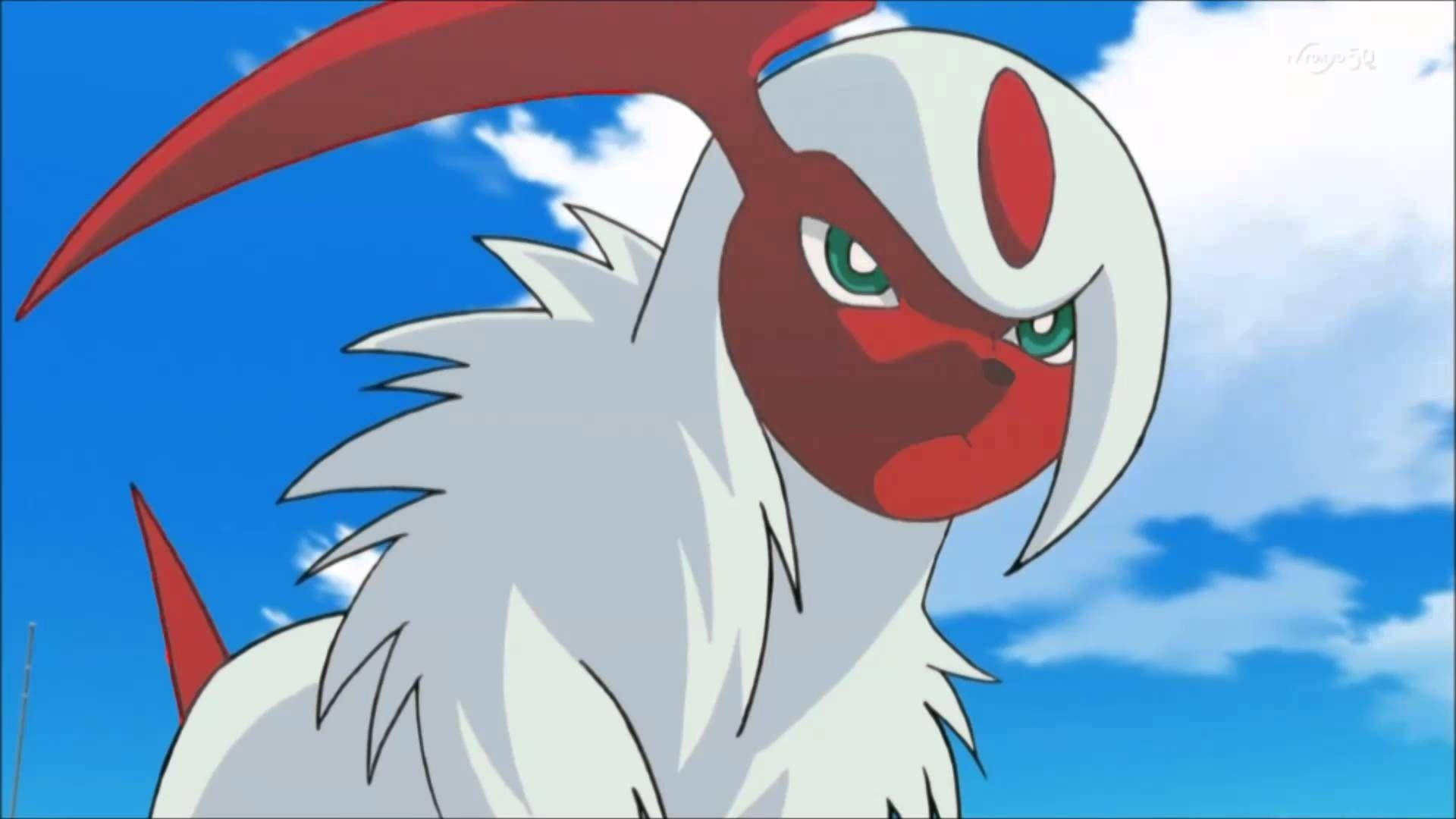 Shiny Absol, white and red anime creature, green eyes, Full HD Desktop Wallpaper
