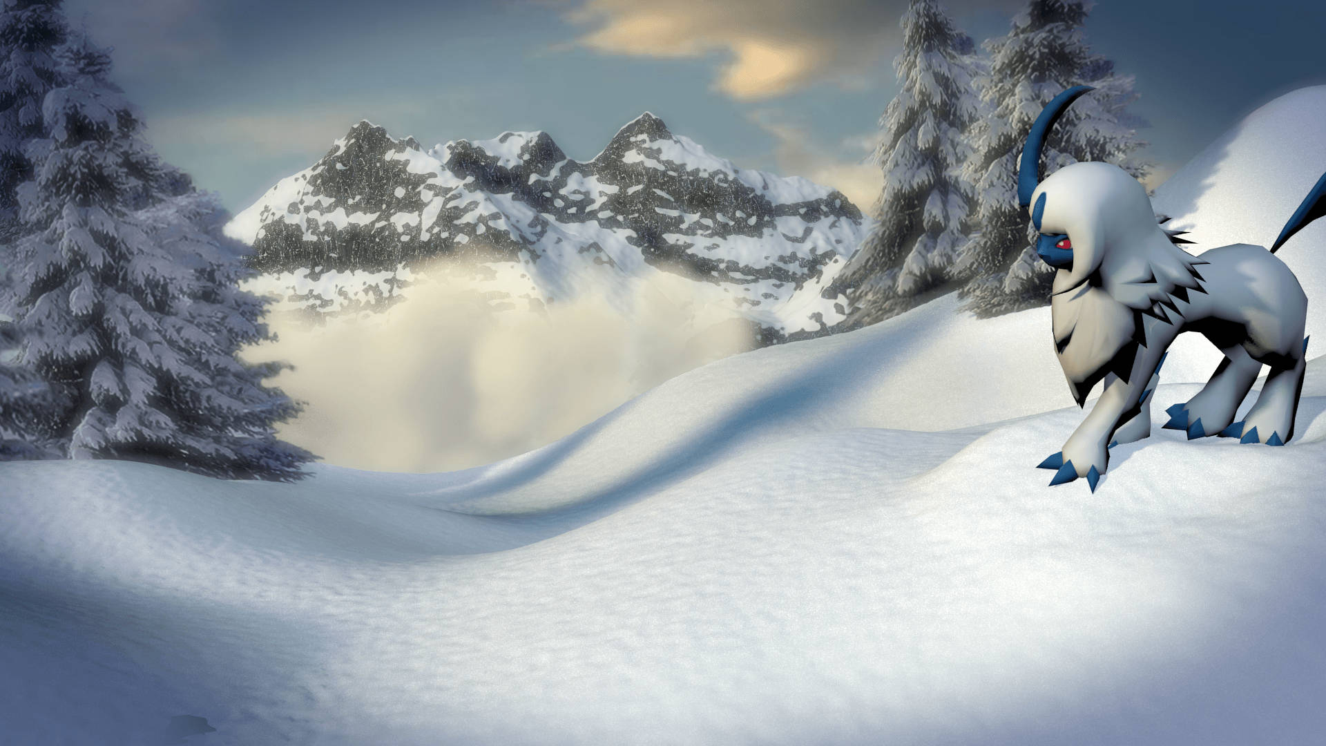 Absol, snow-covered, snowy hillside, Full HD Desktop Wallpaper