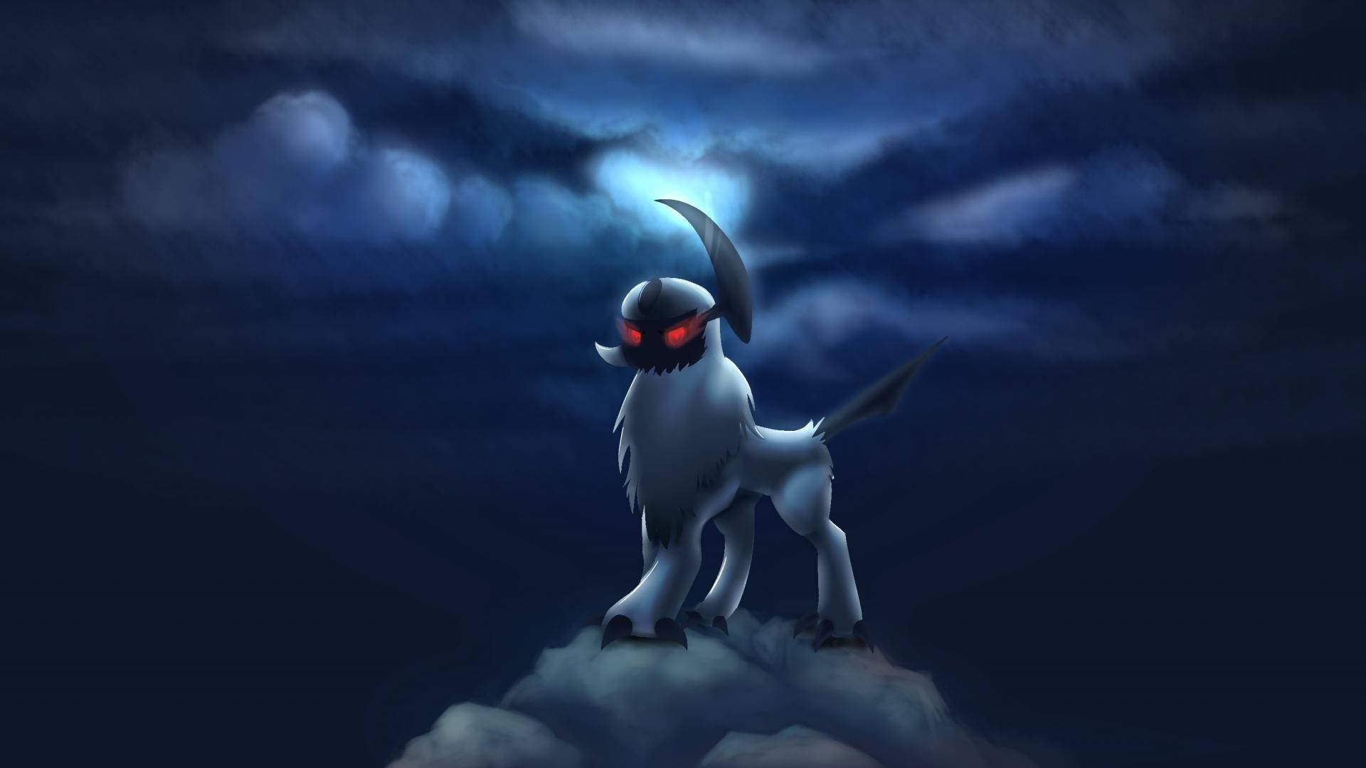 Absol, cloudy cliff, stormy night sky, Full HD Desktop Wallpaper