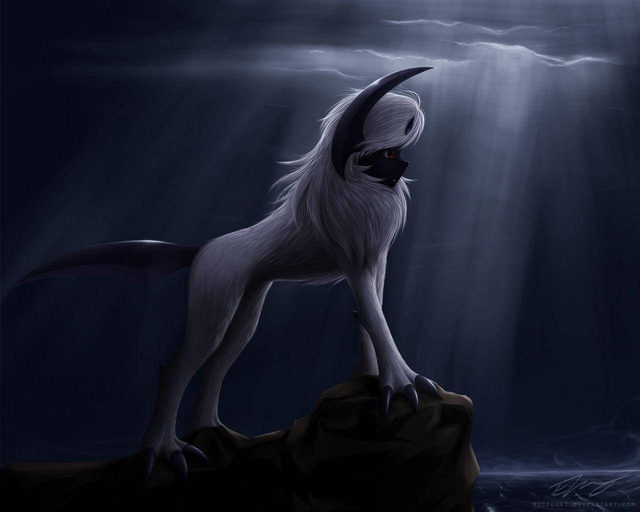 Absol, crescent moon horn, ghostly white wolf, HD Desktop Wallpaper