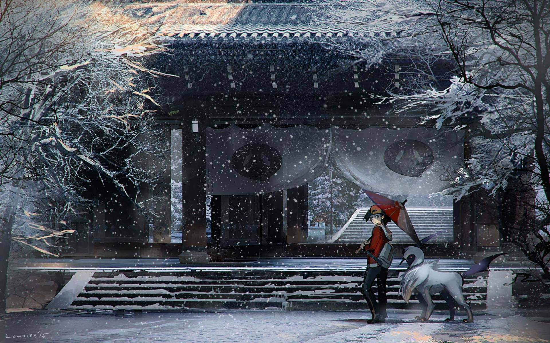 Absol, snowy temple, red umbrella, Full HD Desktop Wallpaper