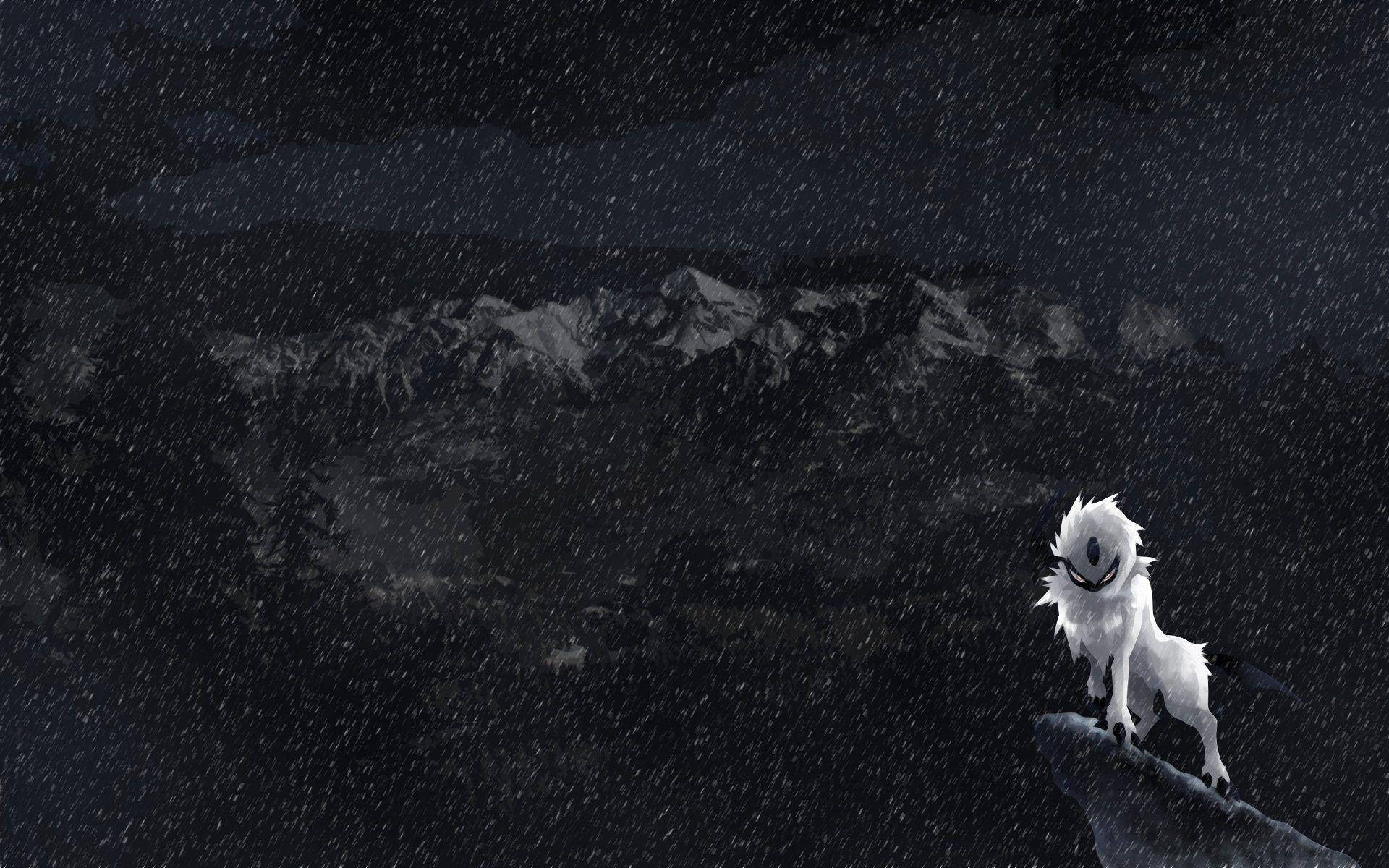 Absol, snowy cliff, dark stormy sky, Full HD Desktop Wallpaper