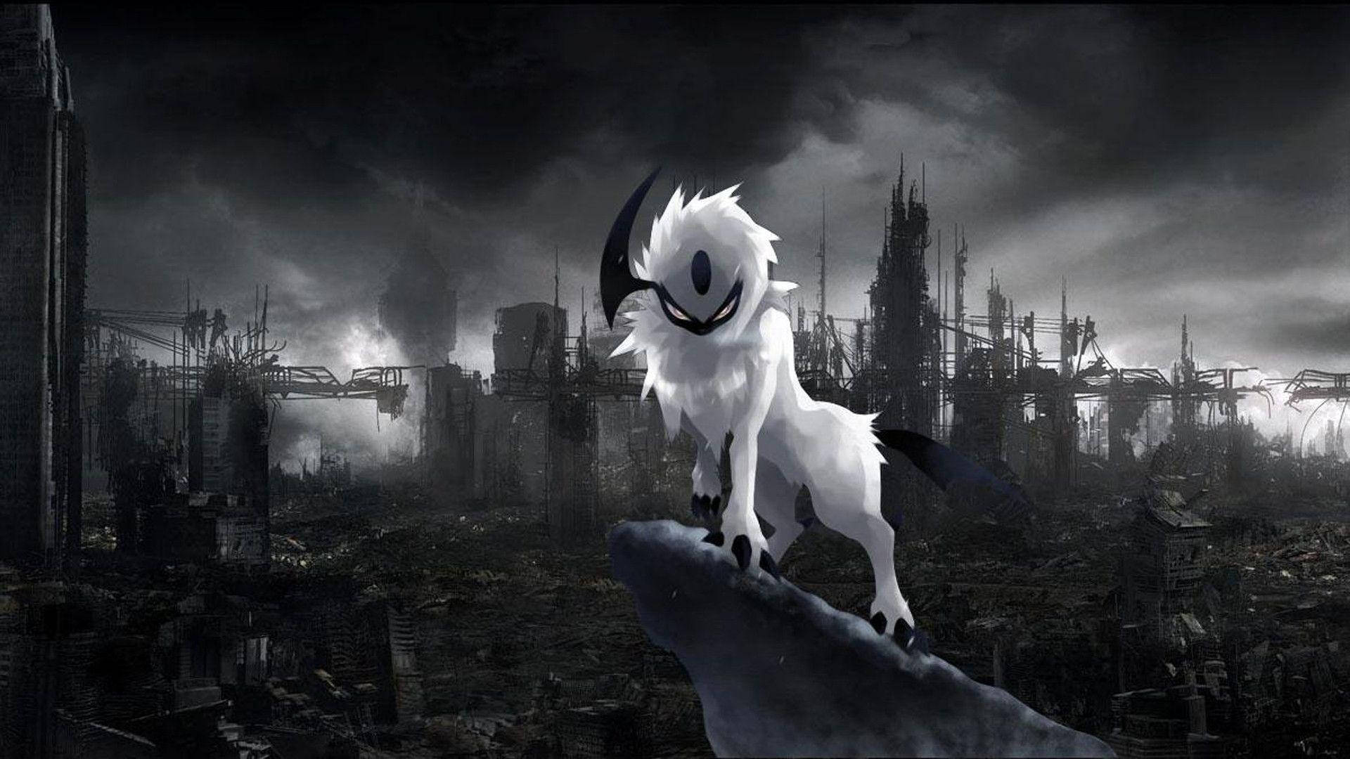Absol, cliff, ruined city, Full HD Desktop Wallpaper