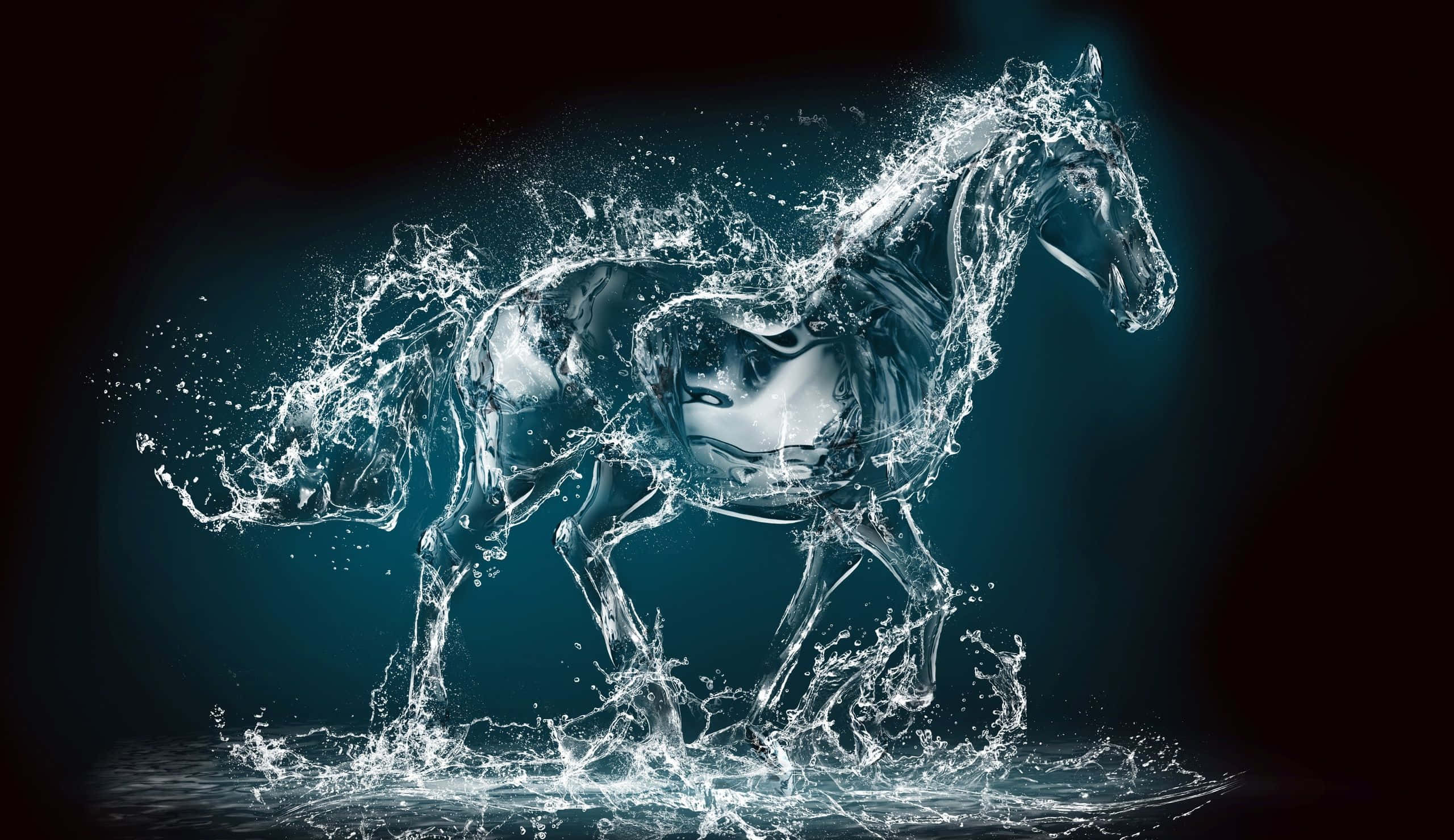 liquid equine sculpture, splashing water, dark teal background, 2K Desktop Wallpaper