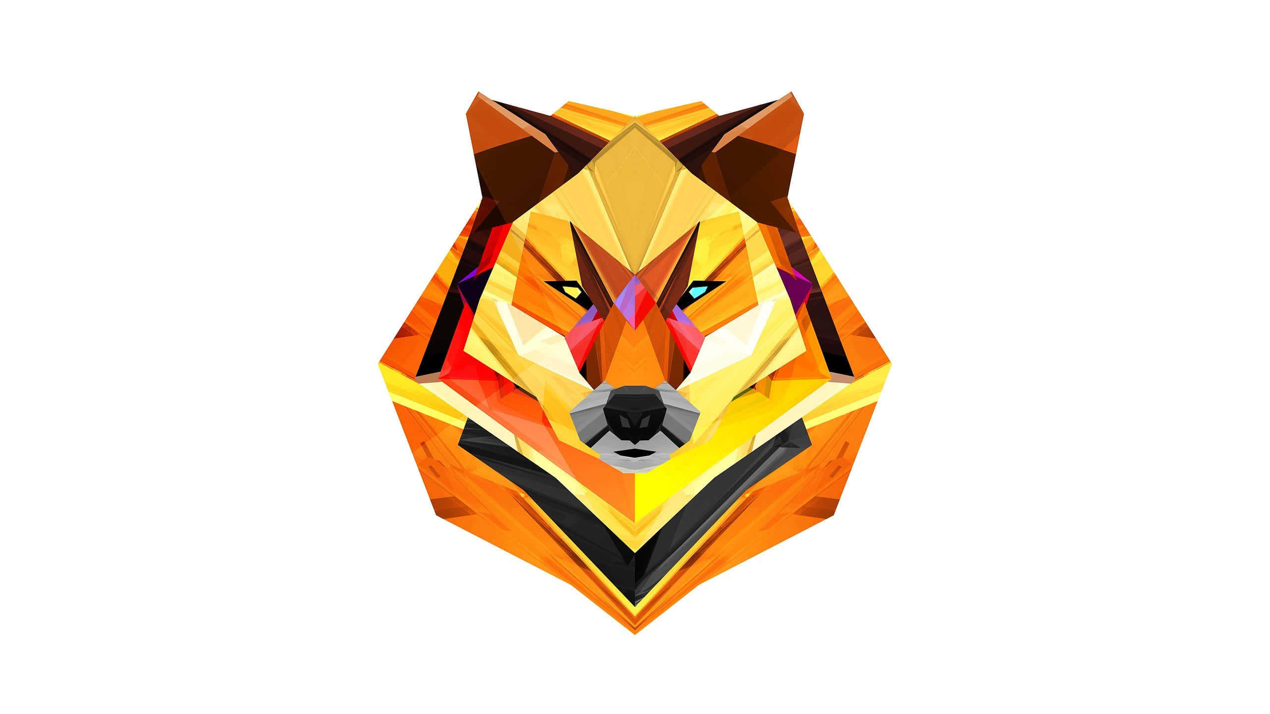 abstract geometric fox, vibrant orange yellow, black triangular facets, 2K Desktop Wallpaper
