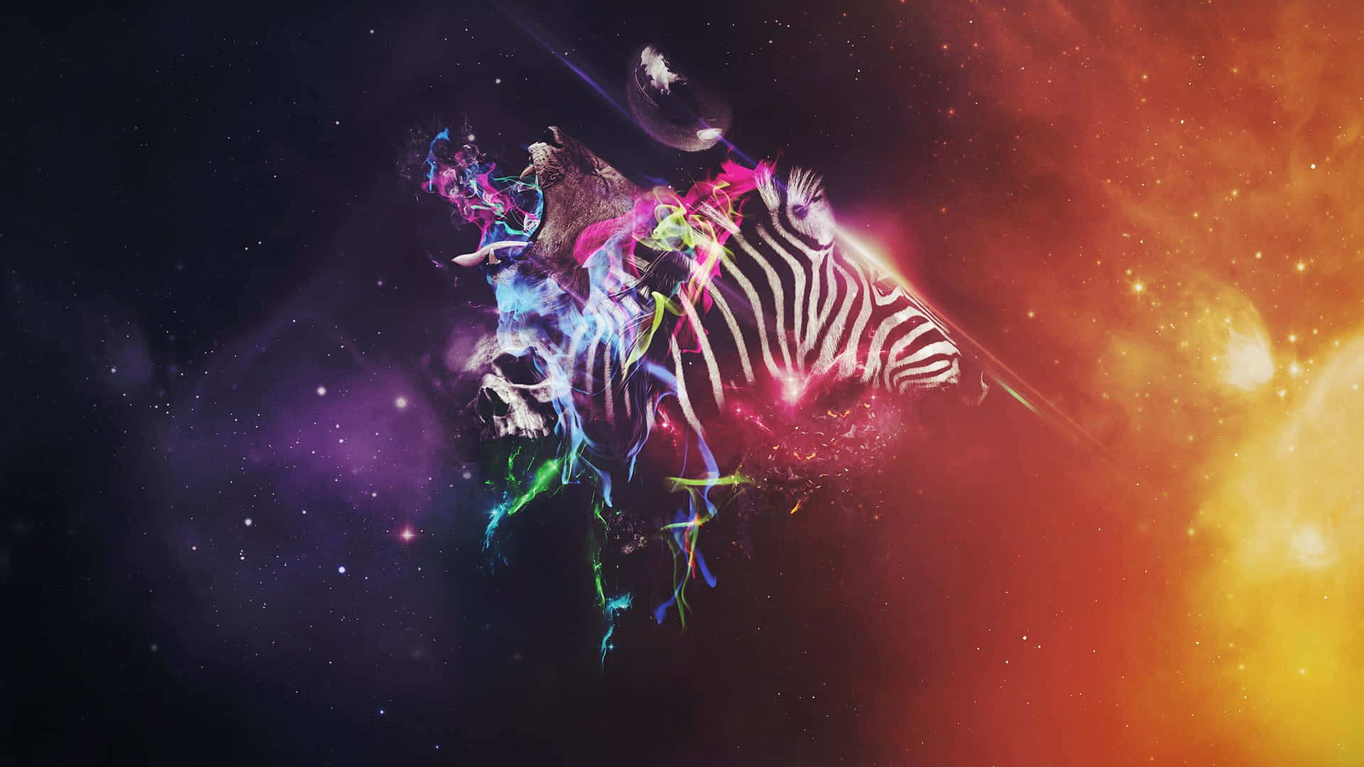 cosmic zebra explosion, glowing neon energy streams, skull, Full HD Desktop Wallpaper