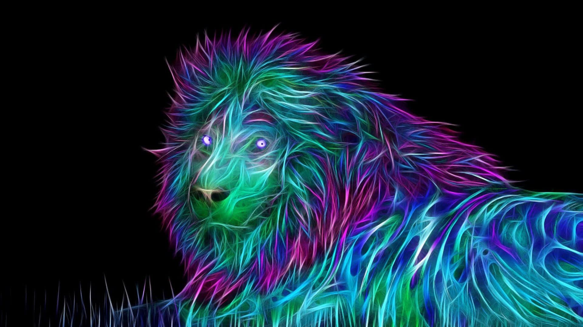 neon fractal lion, glowing cyan magenta and purple fur, black background, Full HD Desktop Wallpaper
