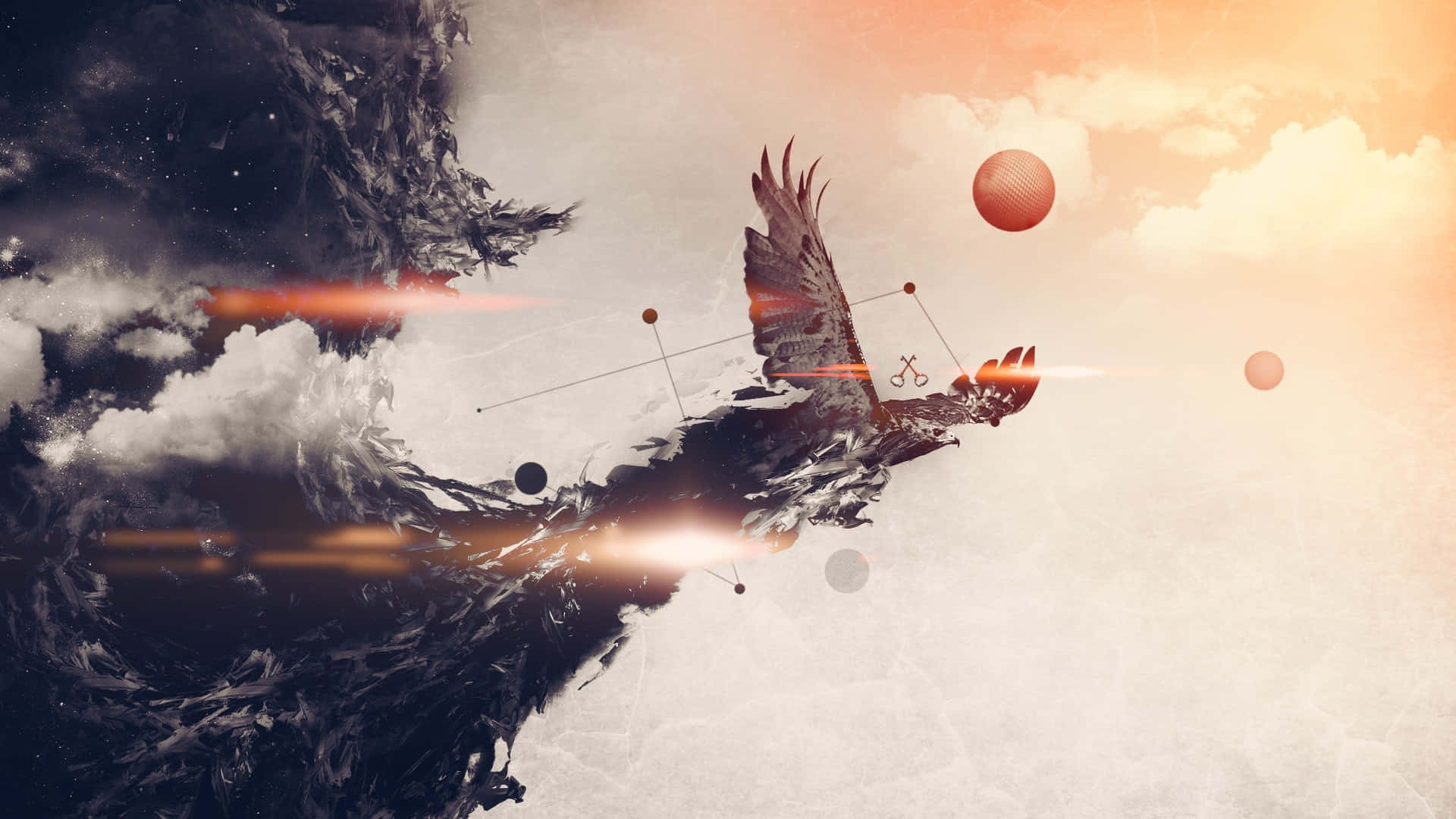 abstract eaglein flight, surreal sky, floating orbs, Full HD Desktop Wallpaper