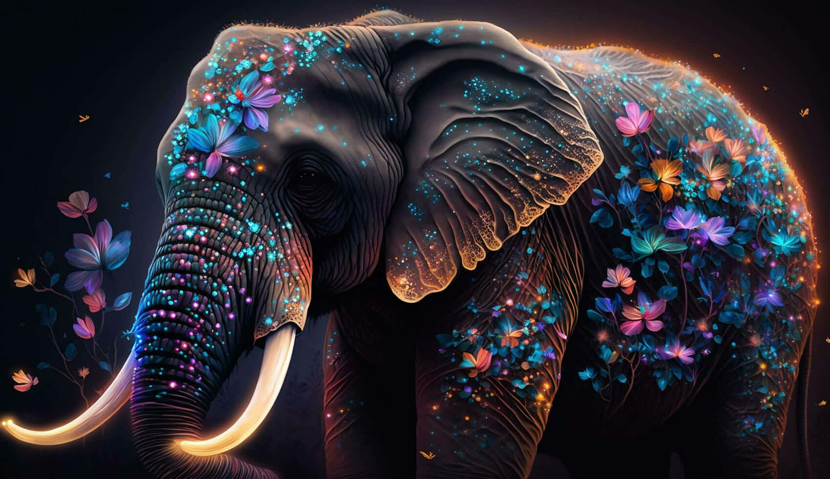 enchanted neon elephant, glowing blue purple and orange flowers, sparkling particles, HD Desktop Wallpaper