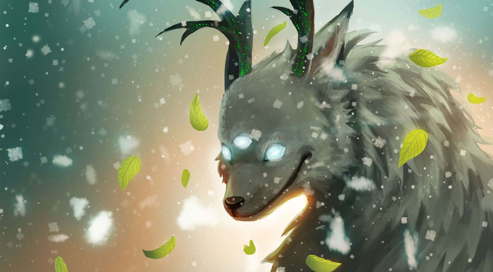 mystical forest spirit wolf, glowing eyes, green antlers, HD Desktop Wallpaper