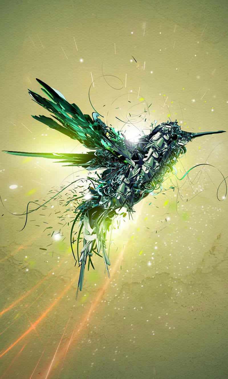 abstract mechanical hummingbird, shattered green glass, metal fragments, HD Phone Wallpaper
