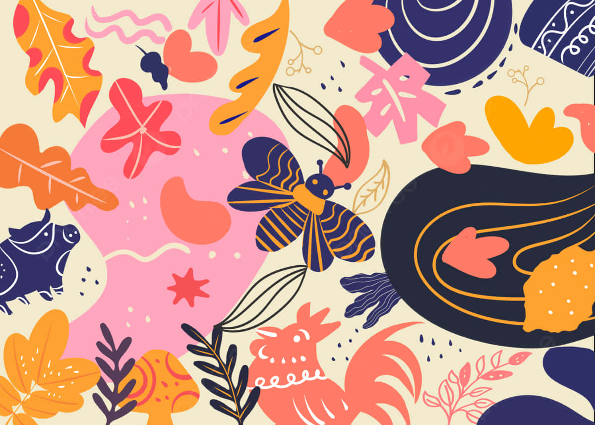 abstract animal pattern illustration, autumn leaves, bees, SD Desktop Wallpaper