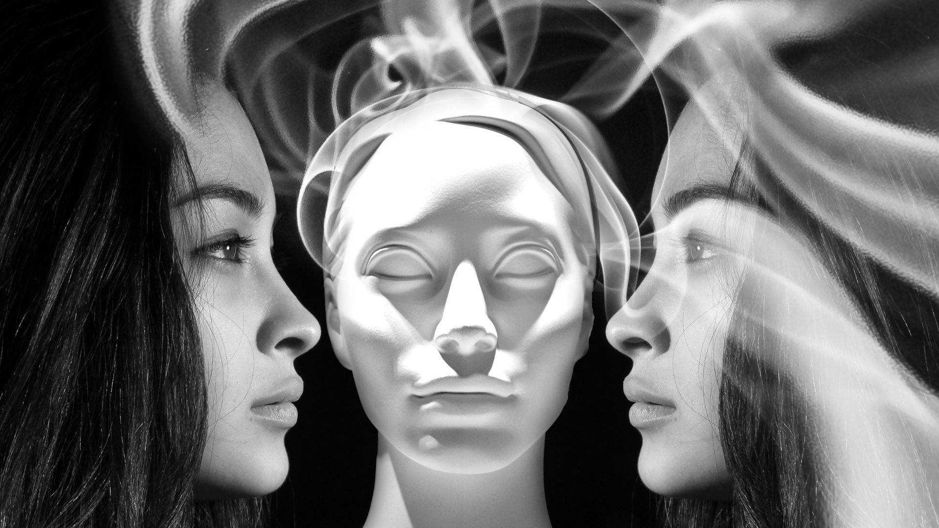 A Woman's Spirit Reflection, black and white, central serene mannequin head, Full HD Desktop Wallpaper