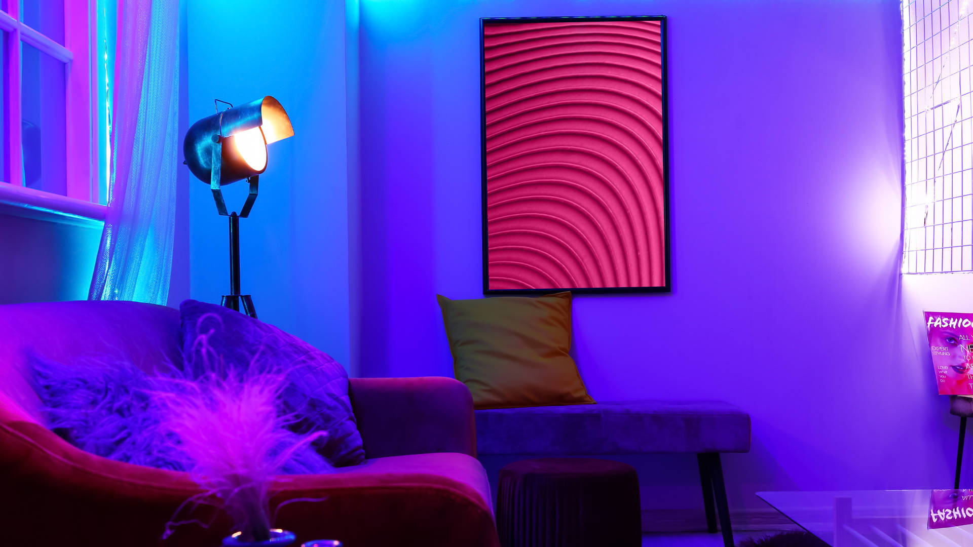 magenta, neon-lit, modern living room, Full HD Desktop Wallpaper