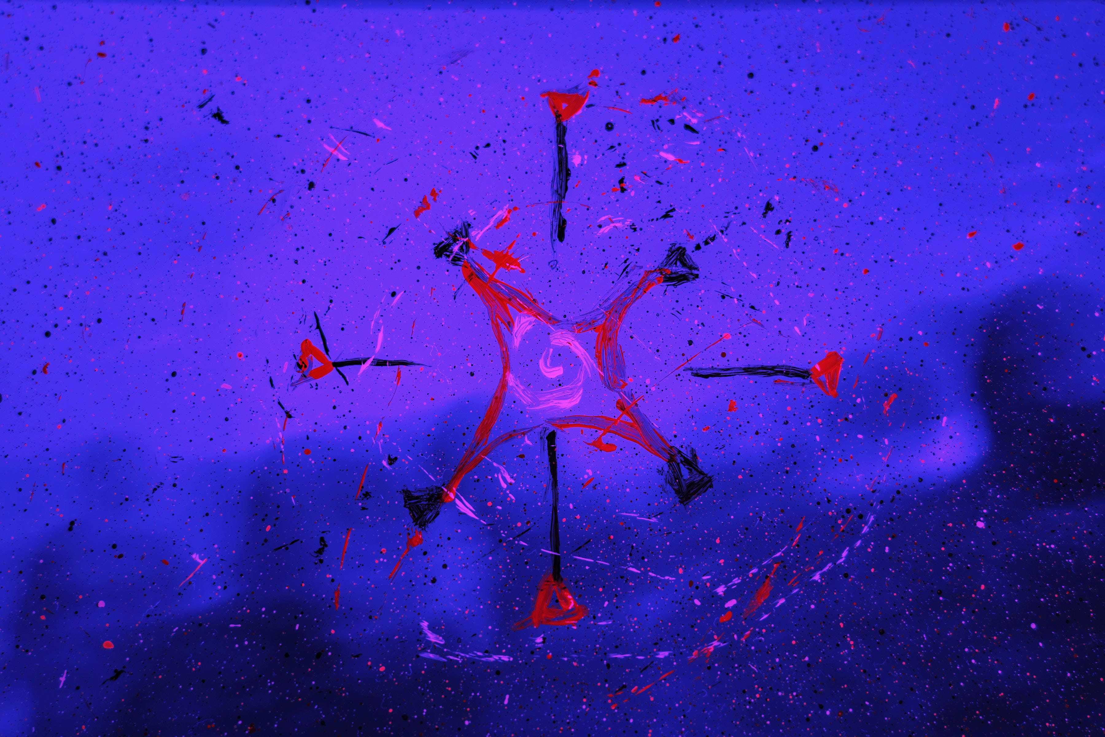 blue abstract art, vibrant red, black splatters, 2K Desktop Wallpaper