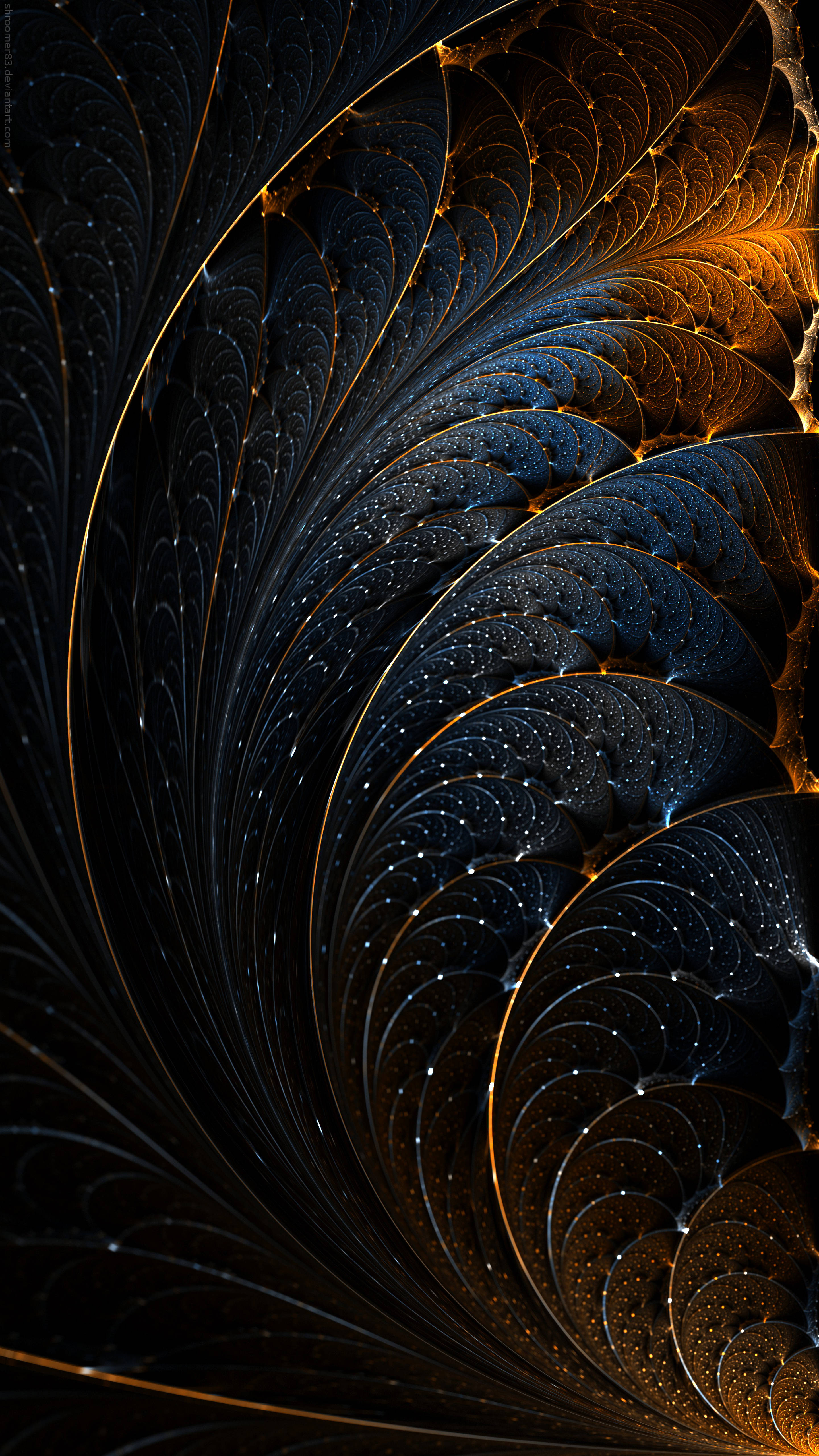 abstract fractal leaf, deep blue, glowing gold, 5K Phone Wallpaper