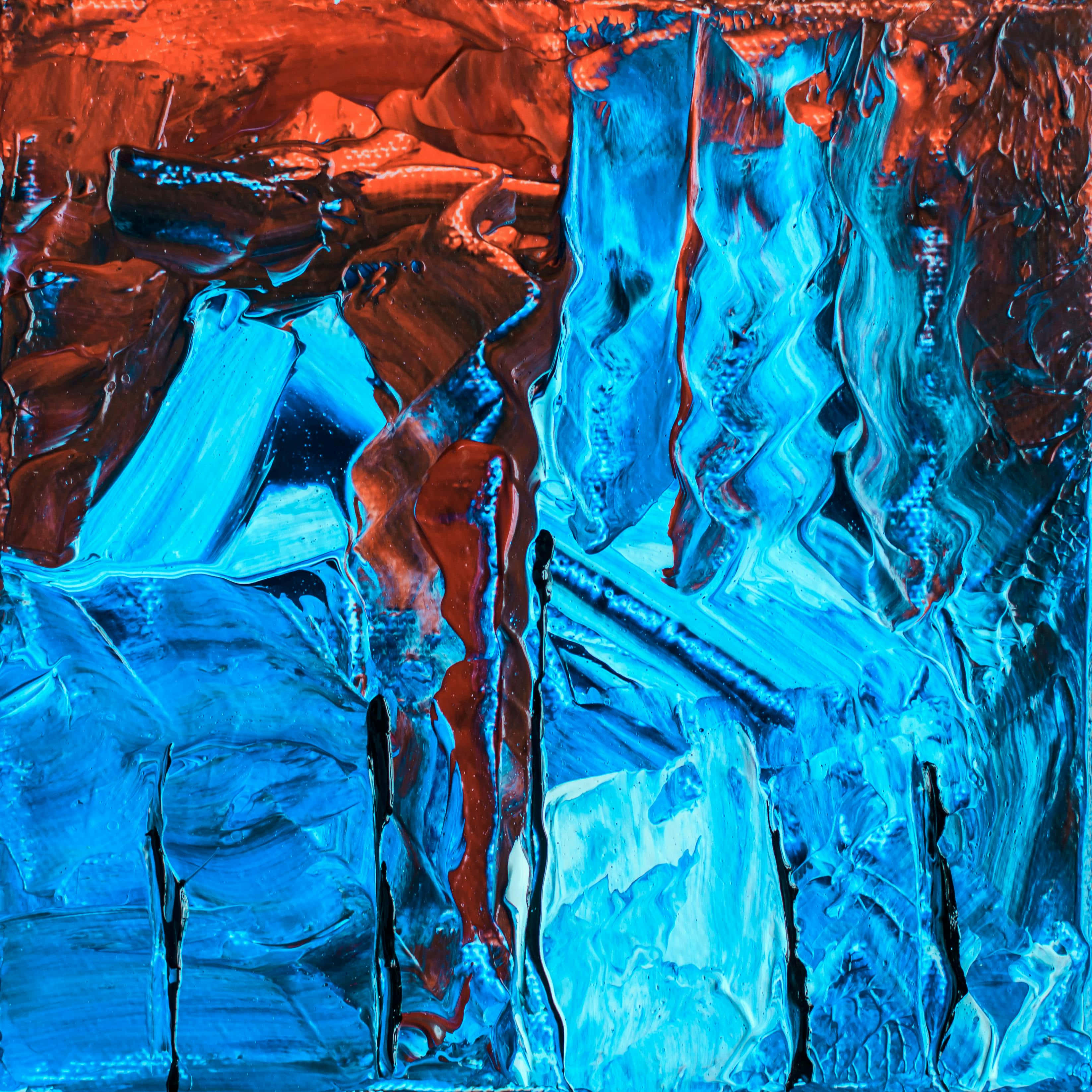 vivid blue, red abstract art, thick impasto texture, 2K Desktop Wallpaper