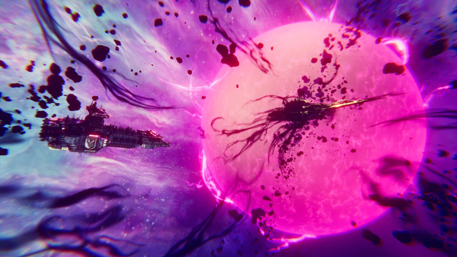 purple skies, pulsating pink star, dark tendrils, Full HD Desktop Wallpaper