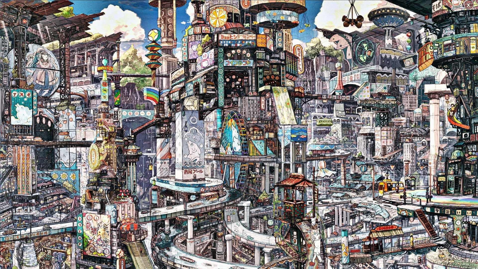 futuristic metropolis, neon signs, floating structures, Full HD Desktop Wallpaper