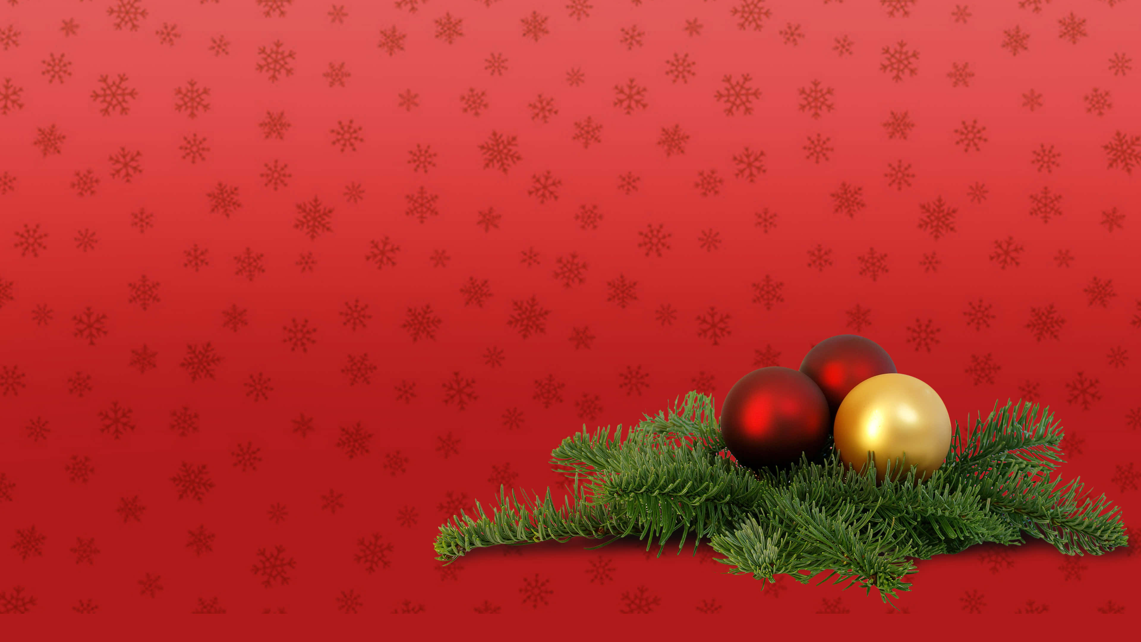 red background, green pine needles, glossy red and gold ornaments, 4K Desktop Wallpaper