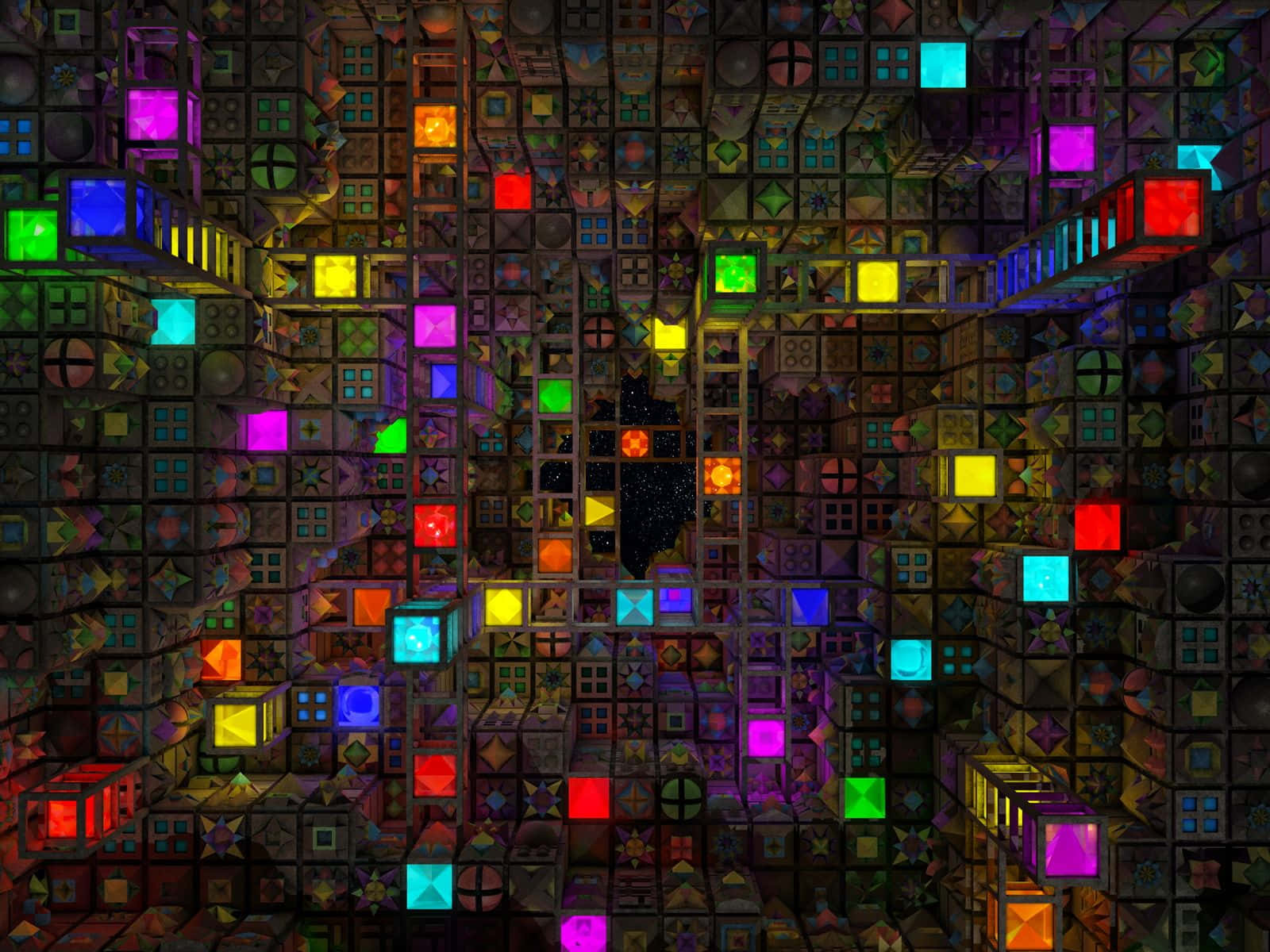 glowing cubes, vibrant colors, tunnel, HD Desktop Wallpaper