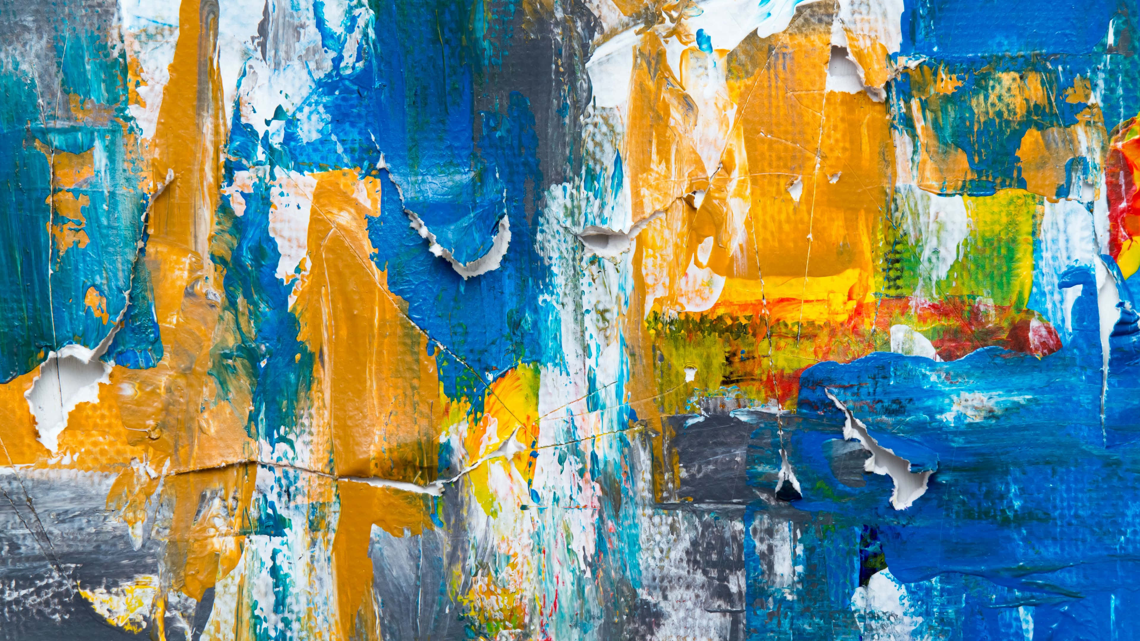 colorful abstract art, tattered canvas, peeling blue, 4K Desktop Wallpaper