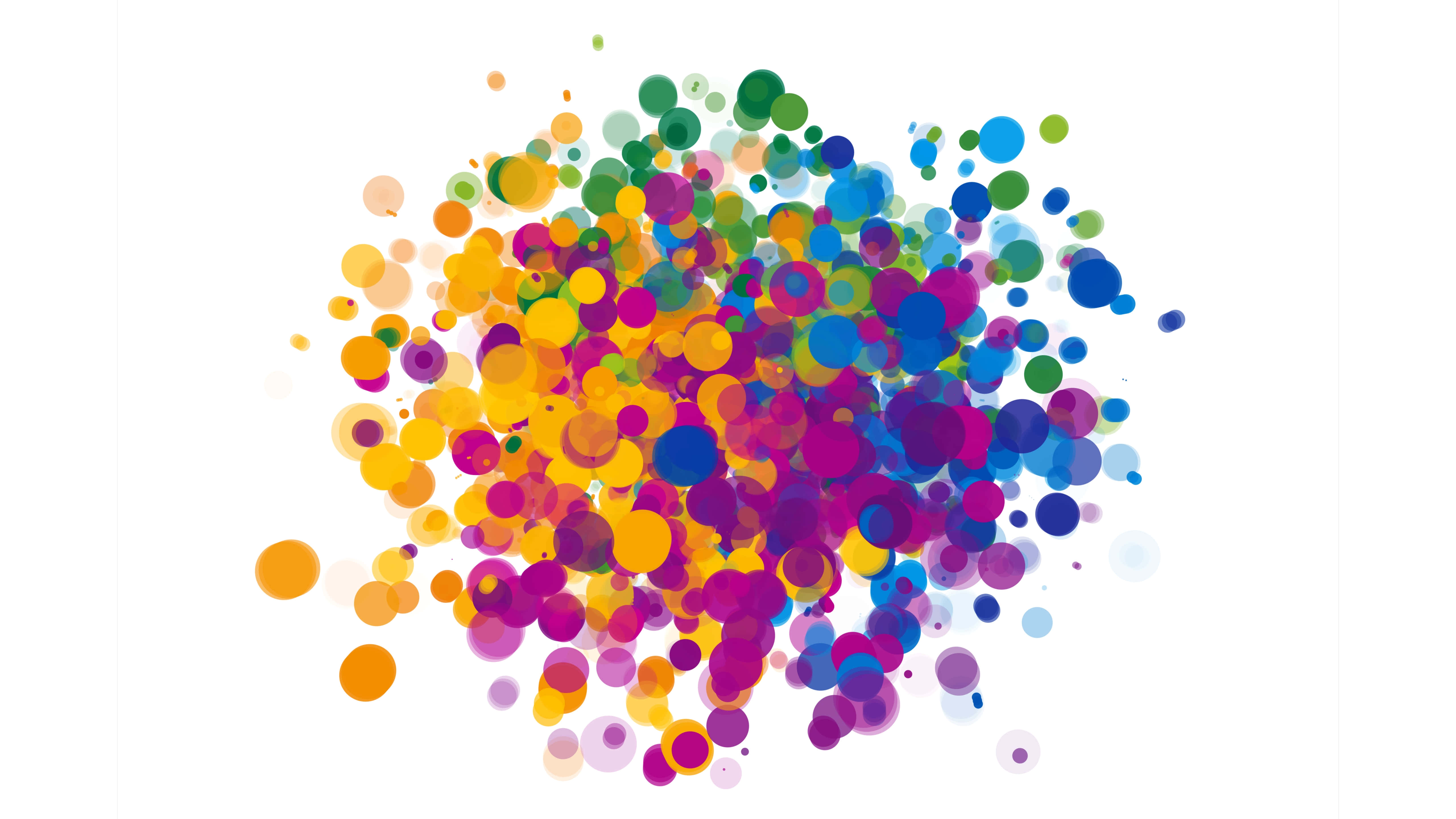 colorful abstract dots explosion, multicolored translucent circles, stark white background, 5K Desktop Wallpaper