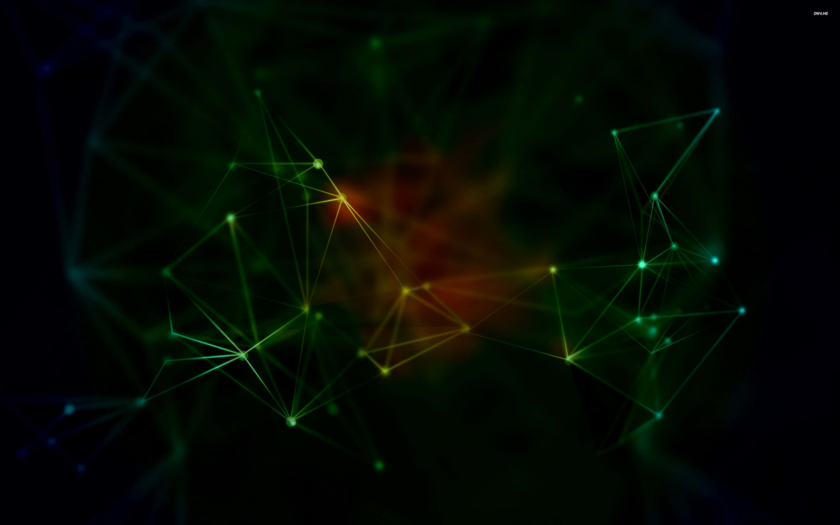 glowing green, orange geometric nodes, connected by lines, 2K Desktop Wallpaper