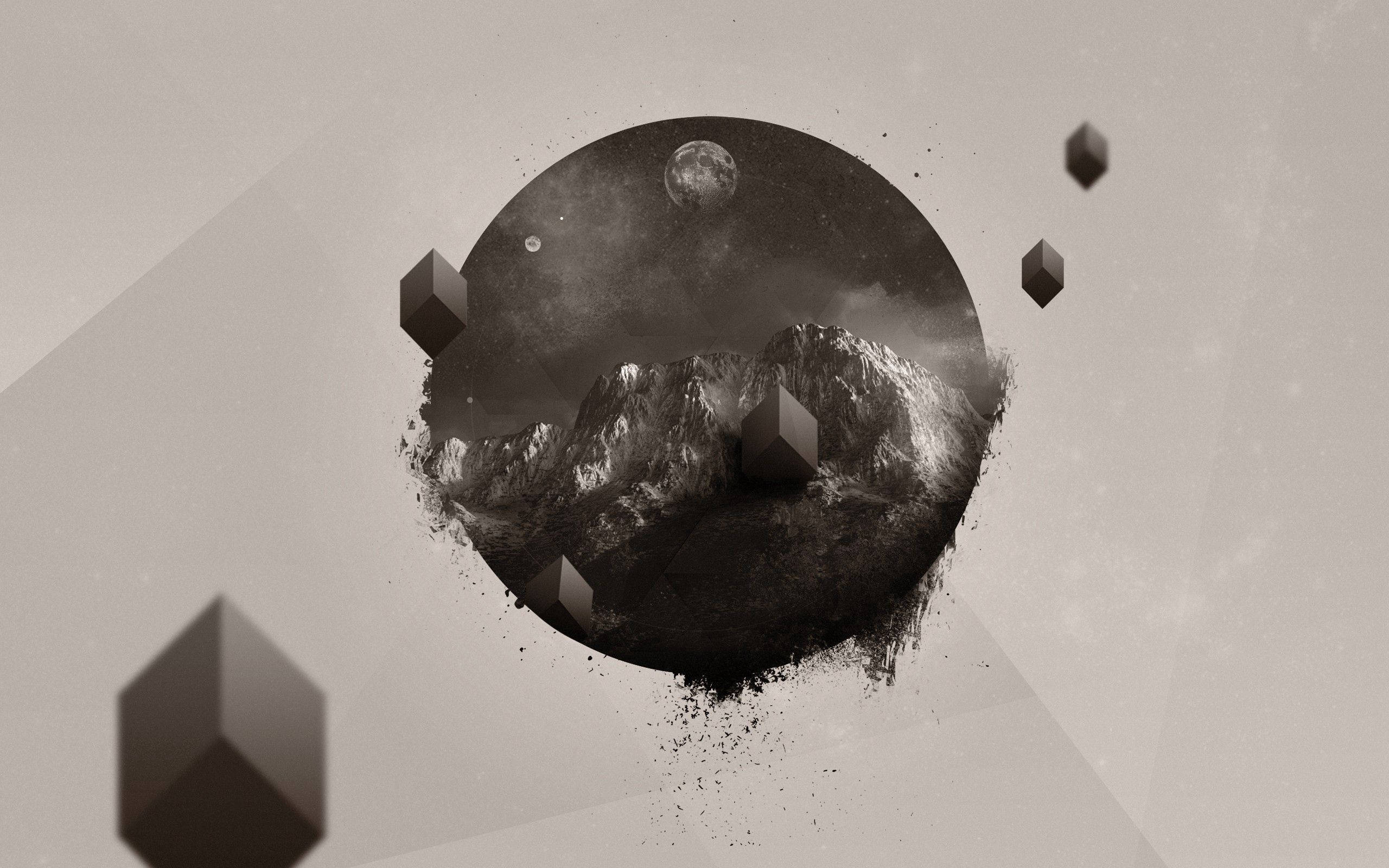 planet shaped abstract mountain, monochrome circular portal, rugged mountain range, 2K Desktop Wallpaper