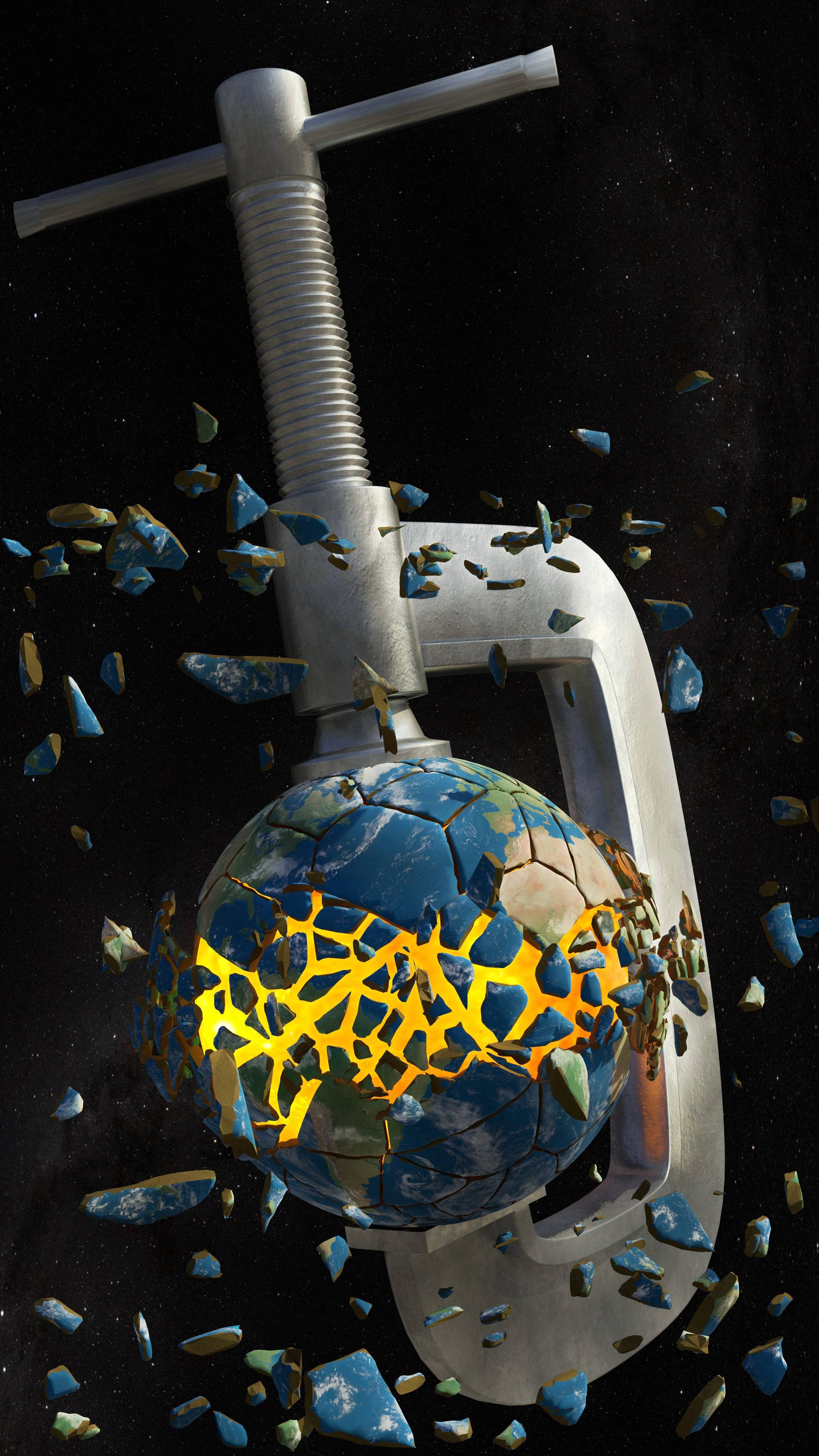 shattered earth concept, cracked Earth globe, starry space backdrop, 4K Phone Wallpaper