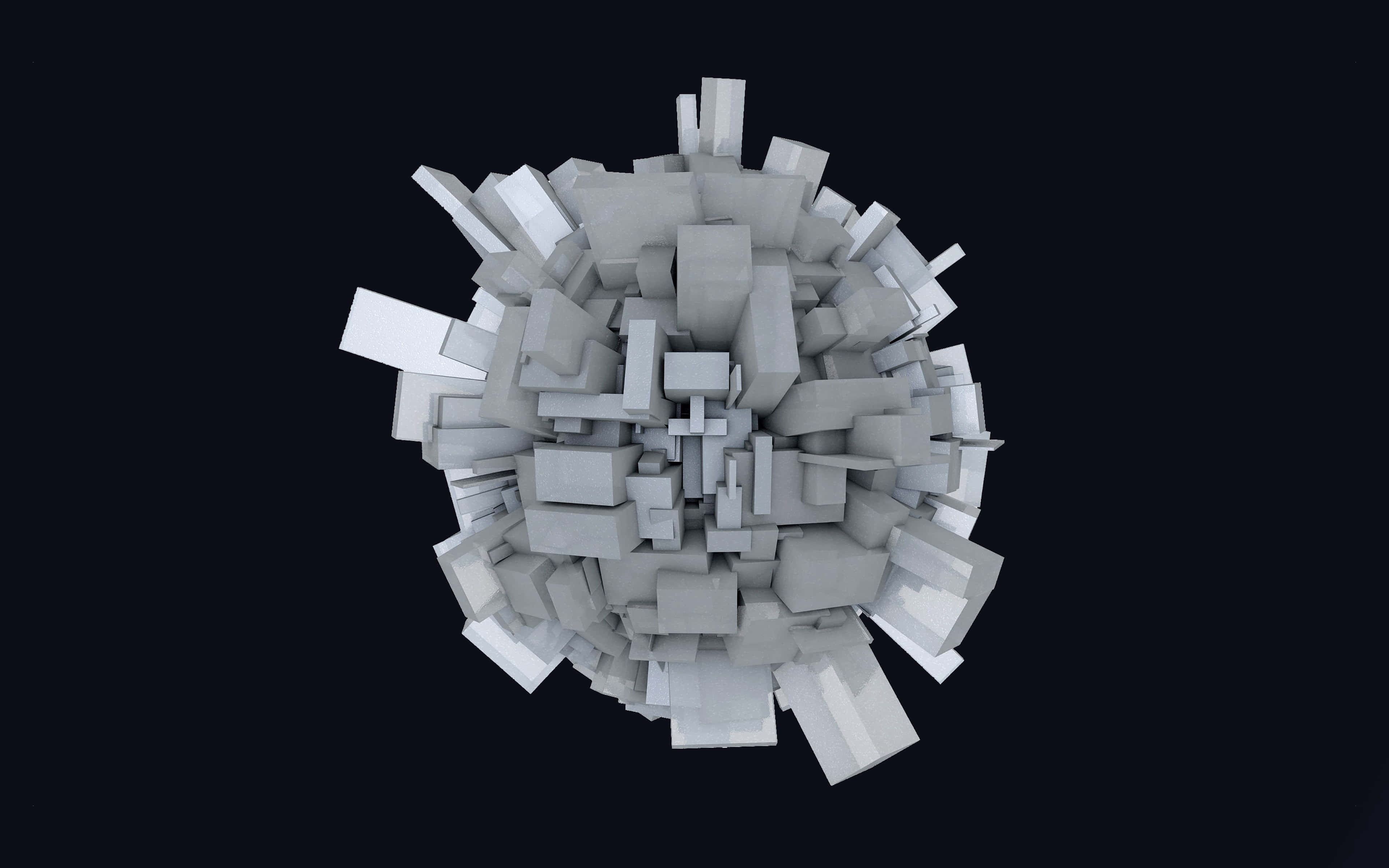 abstract urban globe, fragmented light gray geometric blocks, deep black background, 4K Desktop Wallpaper