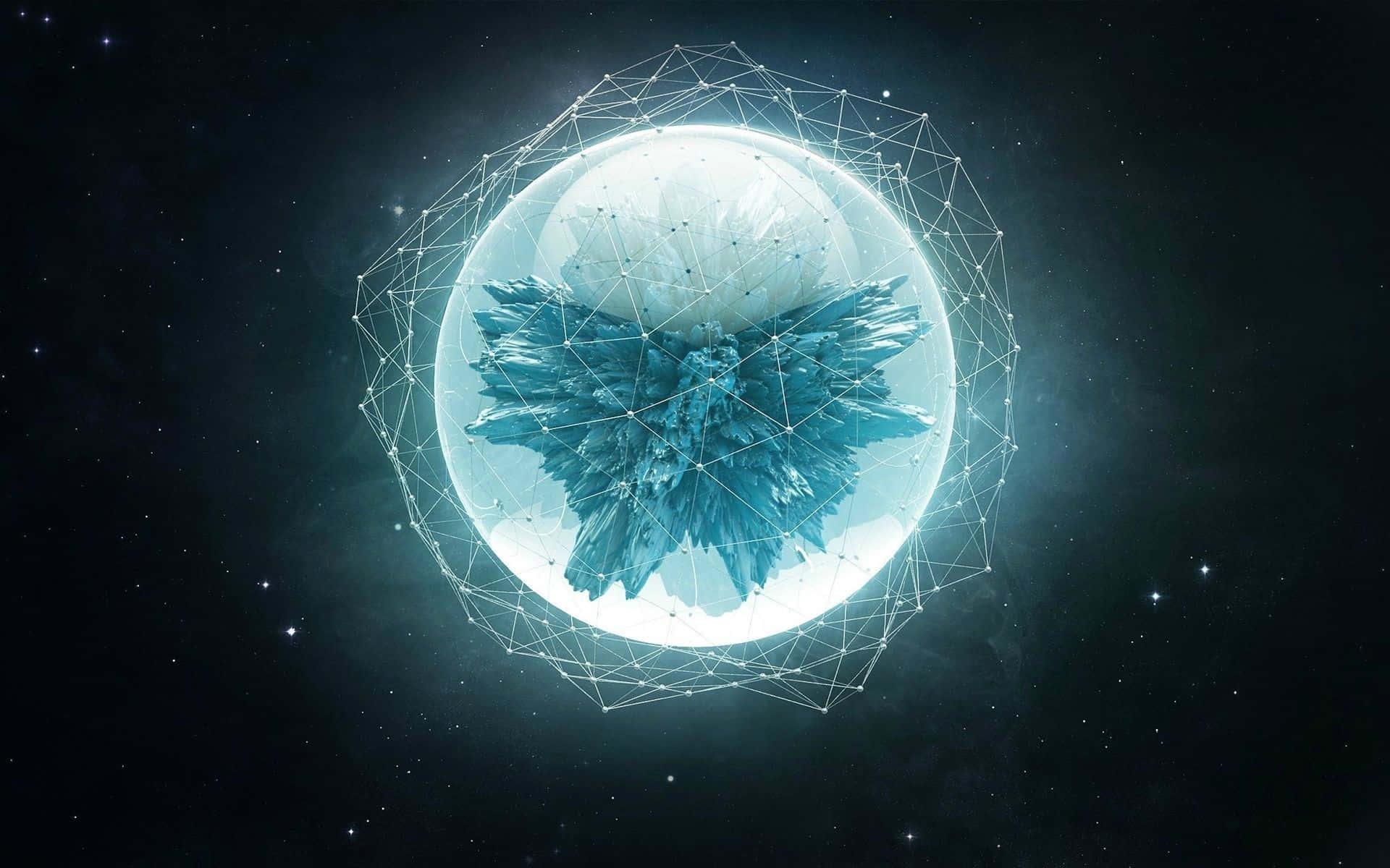 glowing blue crystalline planet, geometric wireframe sphere, starry cosmic void, Full HD Desktop Wallpaper