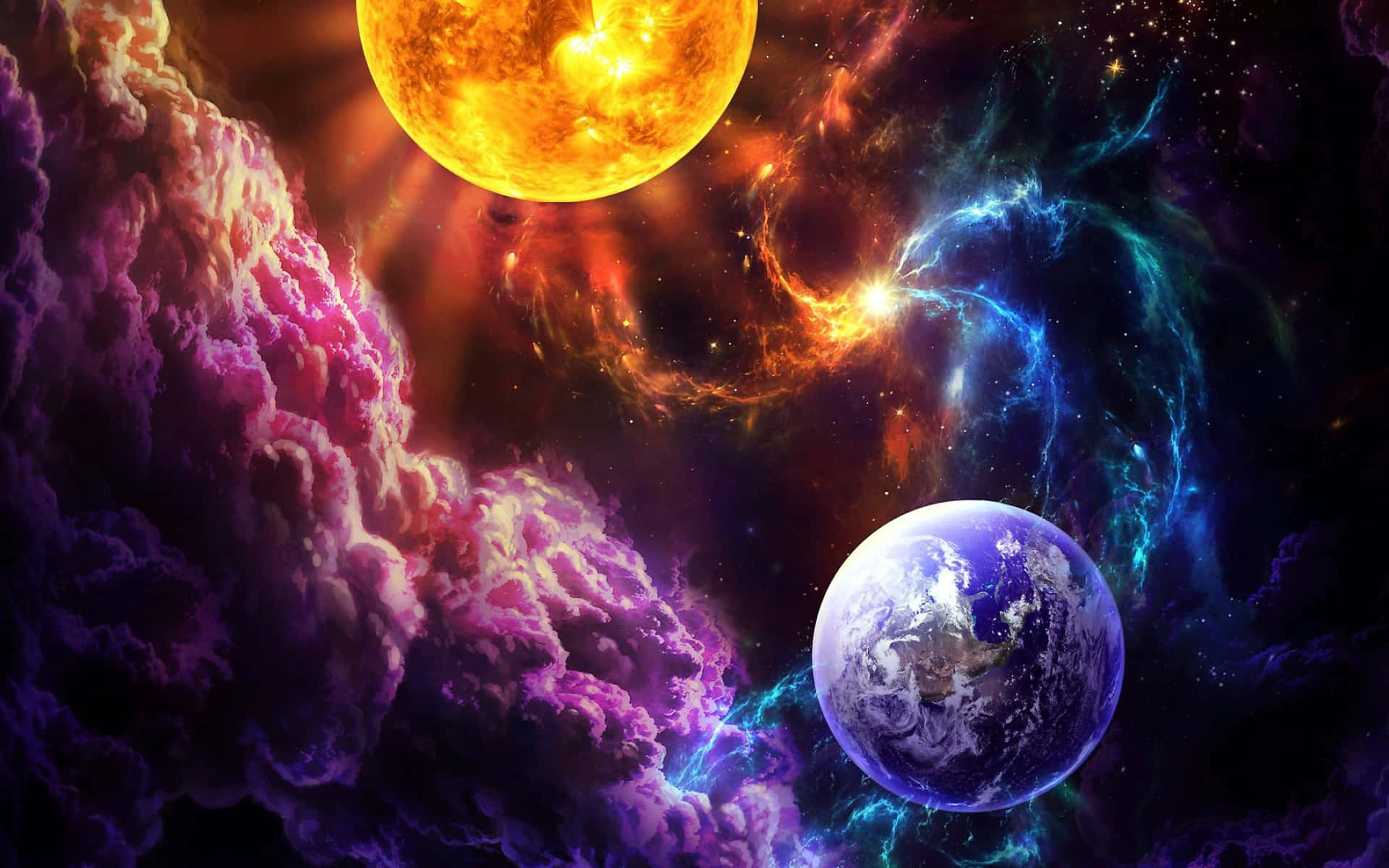 cosmic dance of planets and nebulae, glowing yellow sun, blue Earth, Full HD Desktop Wallpaper