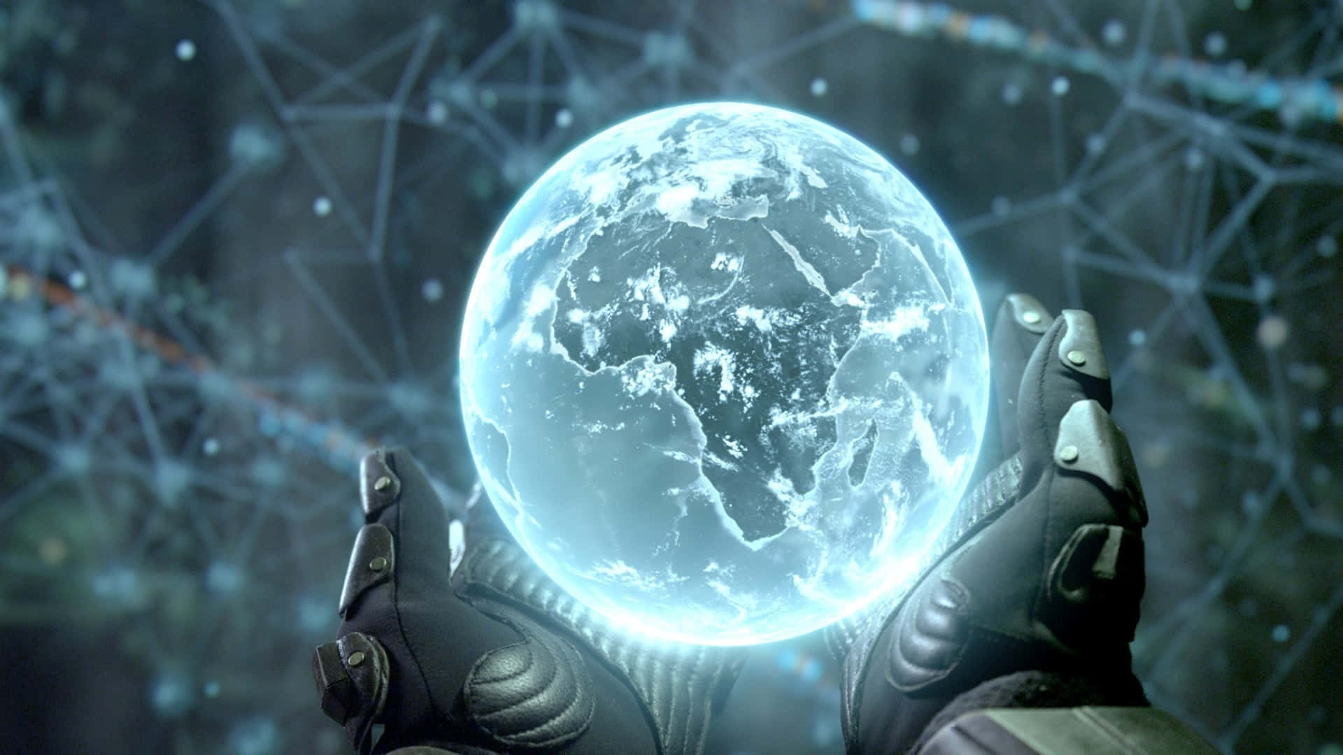 gloved hands, glowing translucent globe, dark web of digital connections, Full HD Desktop Wallpaper