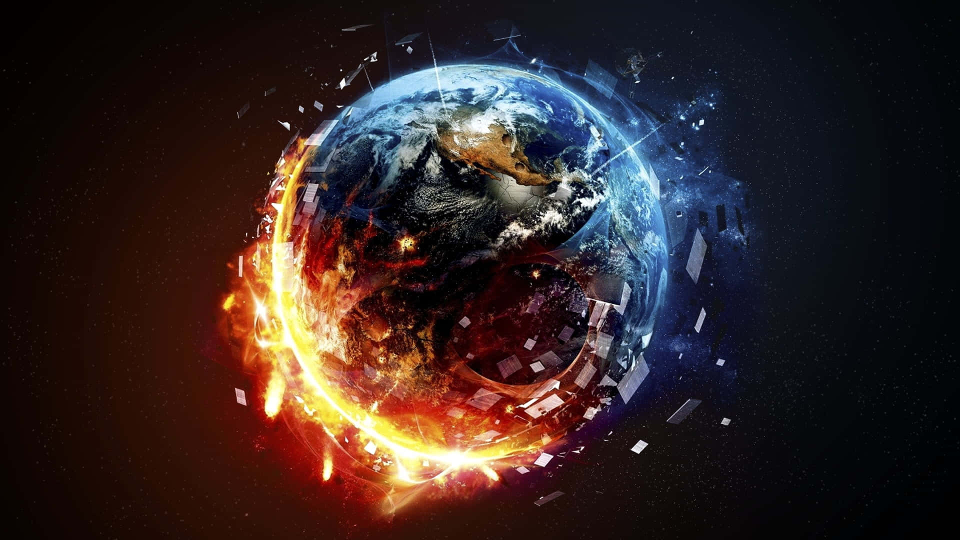 Abstract Fireand Ice Earth, fiery orange explosions, floating digital shards, Full HD Desktop Wallpaper