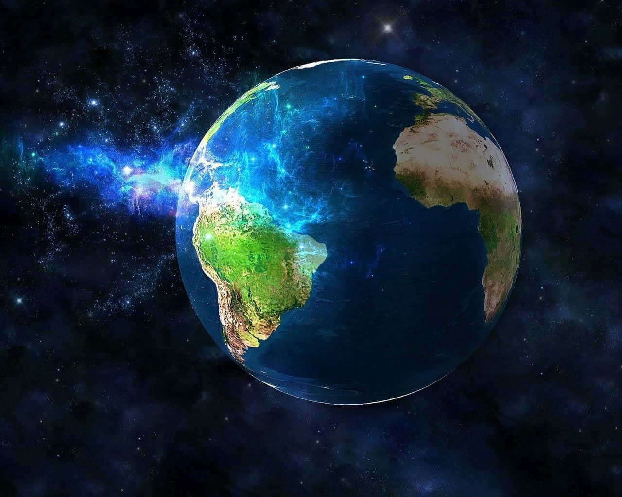 vibrant blue Earth, visible continents, starry cosmic void, HD Desktop Wallpaper