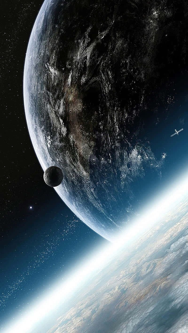 cosmic viewpoint earth and moon, dark planet, smaller moon, HD Phone Wallpaper