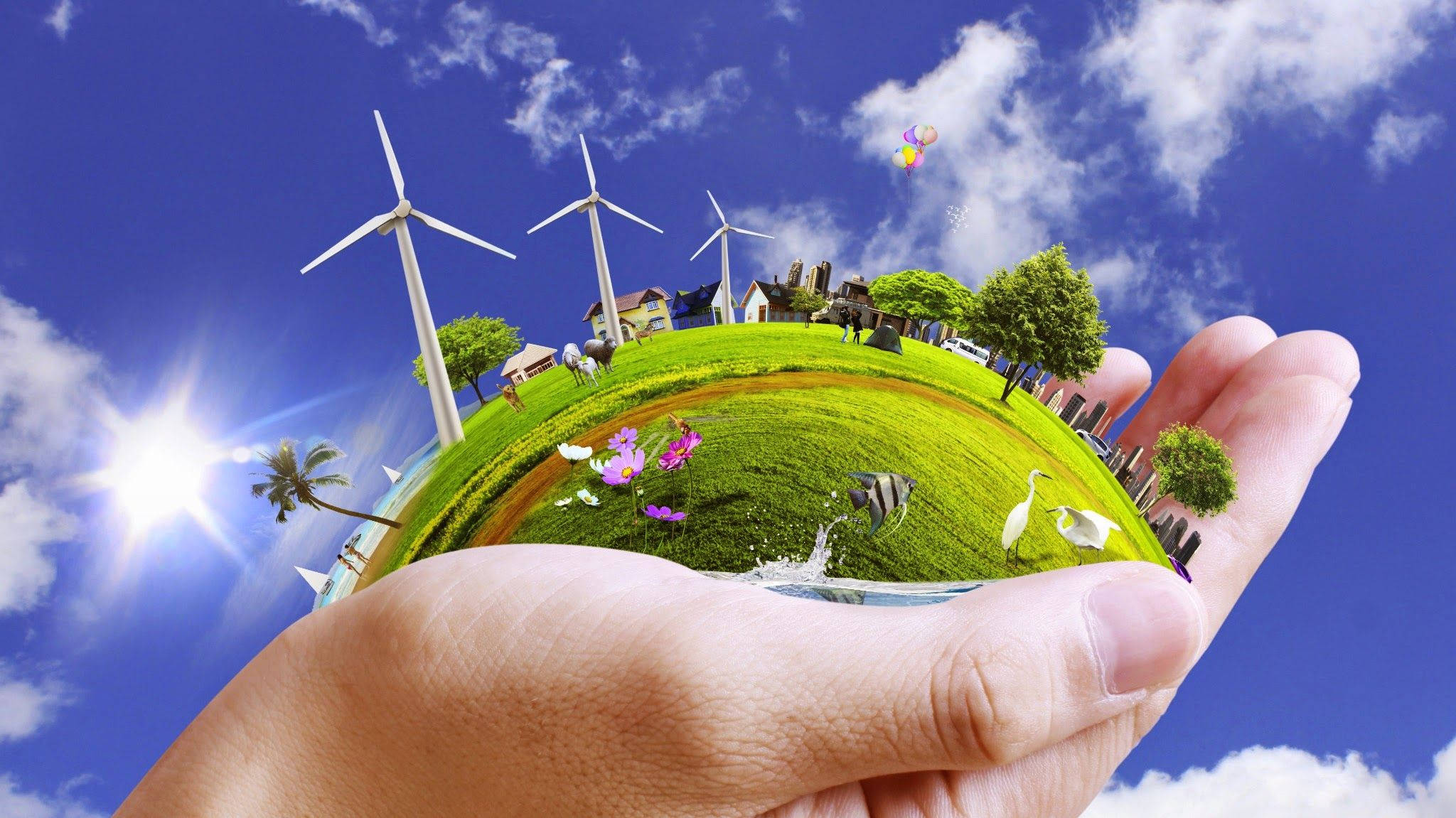 Earth Day, miniature globe, wind turbines, Full HD Desktop Wallpaper