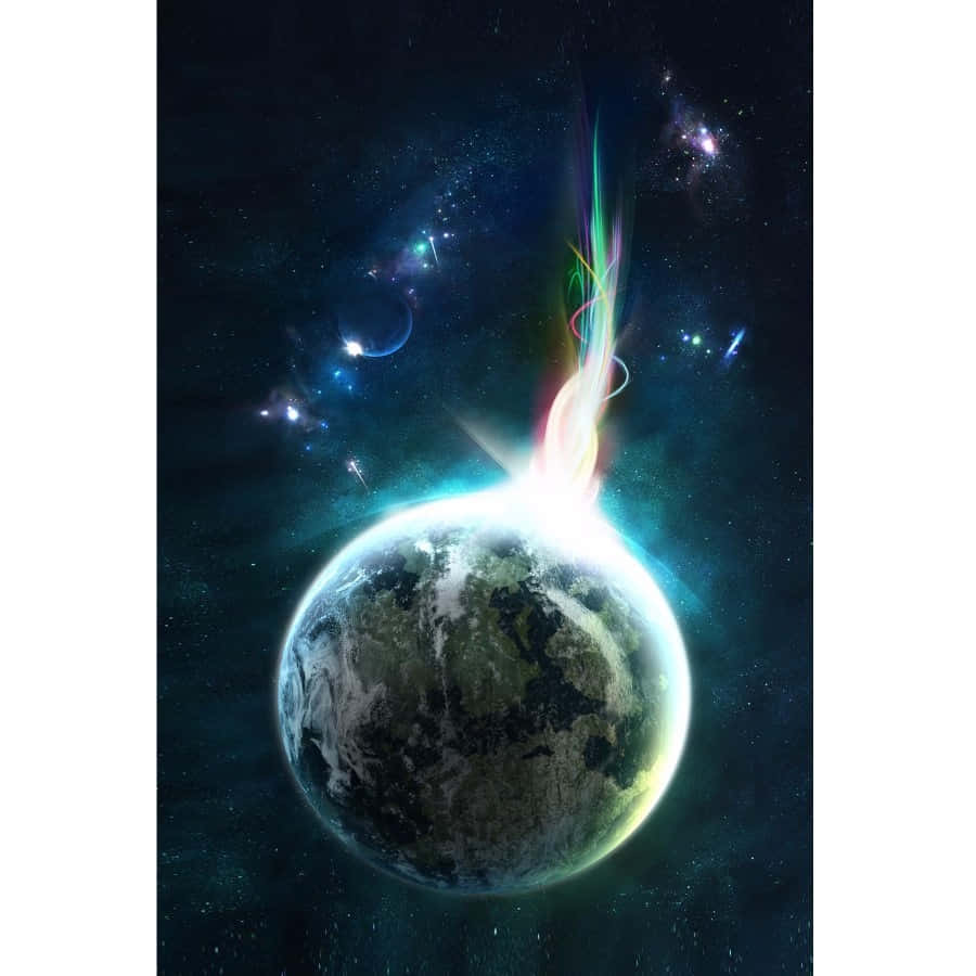 Cosmic Energy Impact on Planet, glowing planet, vibrant rainbow energy beams, SD Desktop Wallpaper