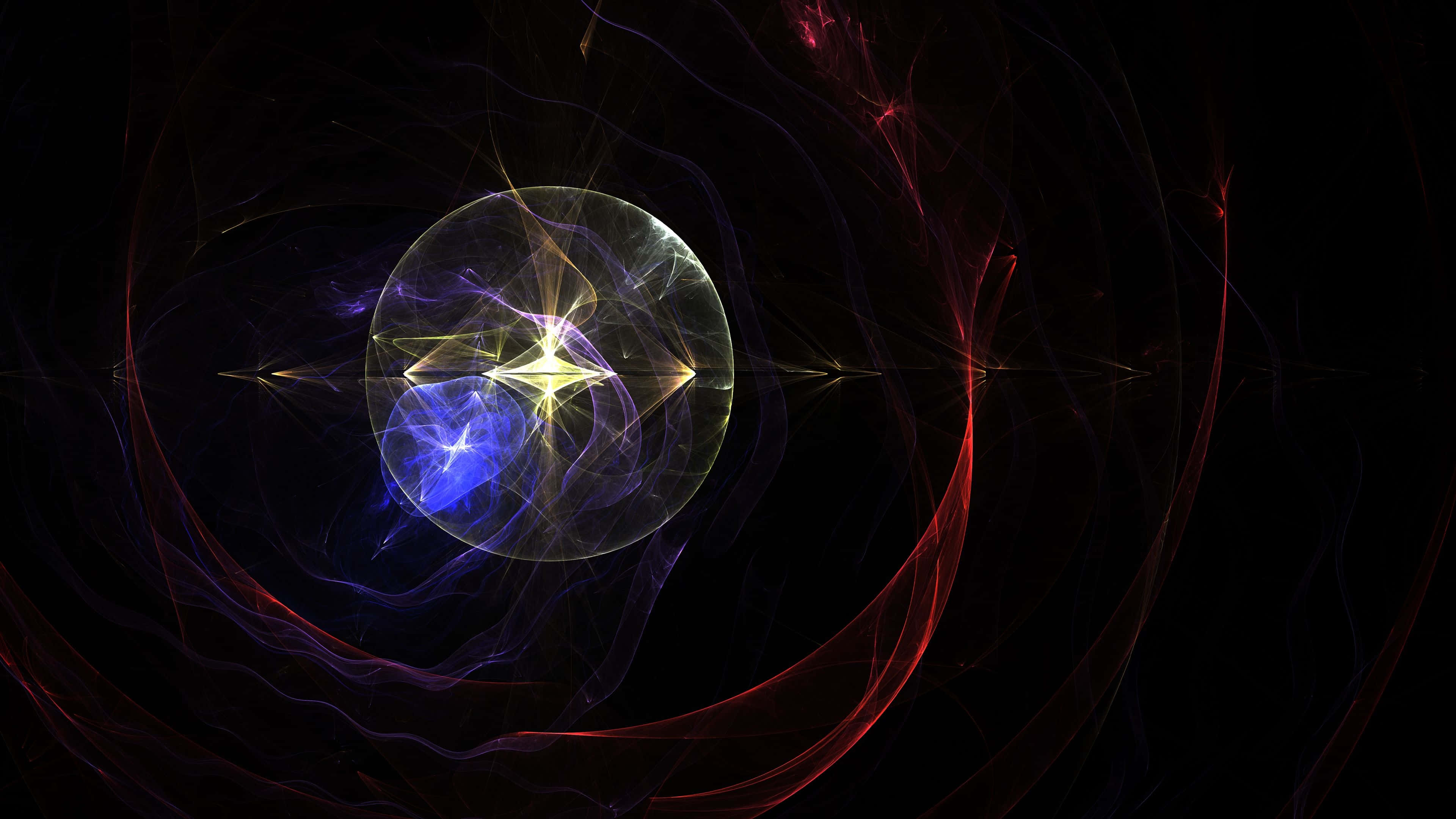 glowing fractal sphere, blue and gold energy pulses, swirling red and purple tendrils, 4K Desktop Wallpaper