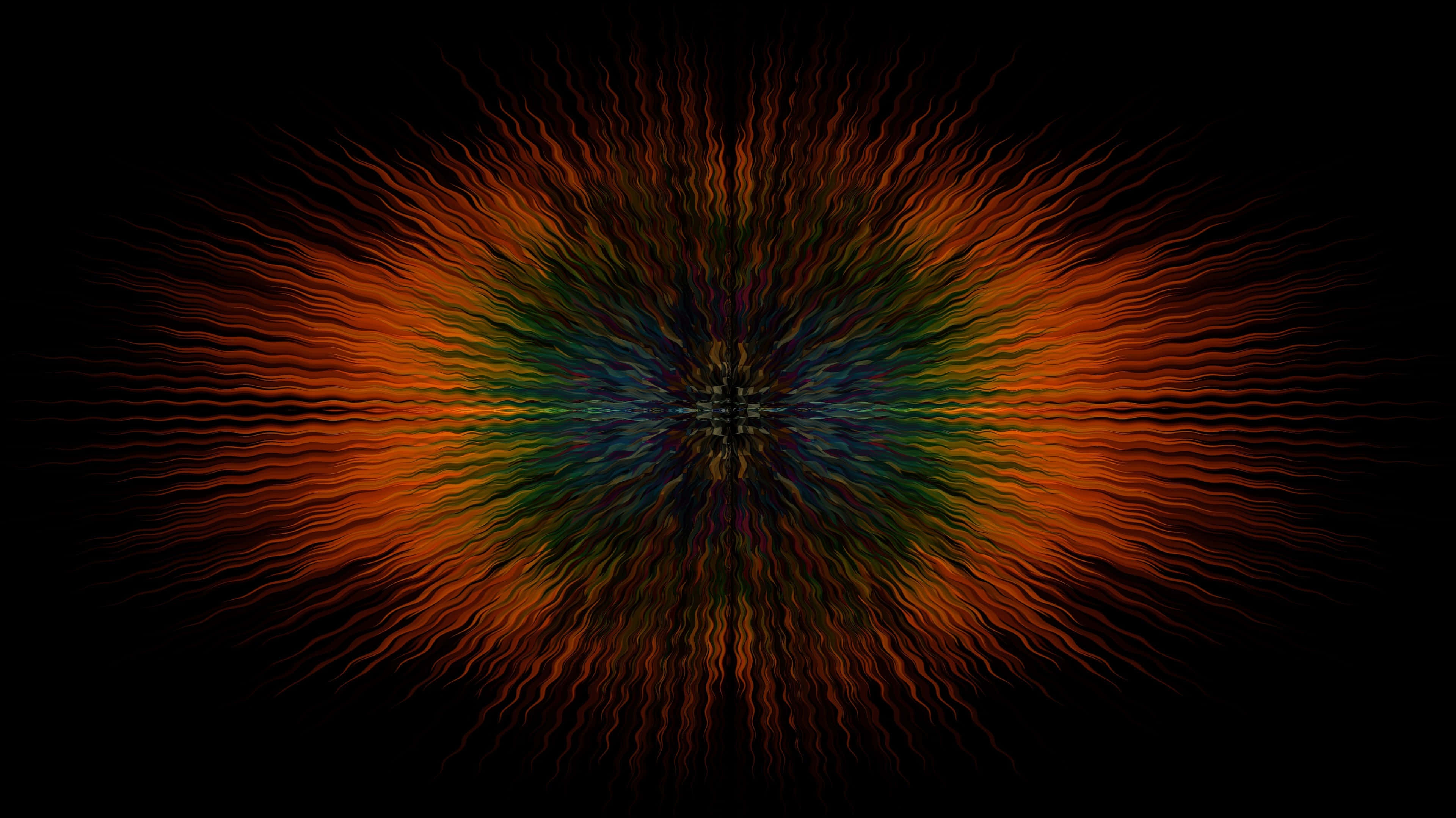 abstract energy explosion, wavy orange green and blue lines, dark center, 4K Desktop Wallpaper