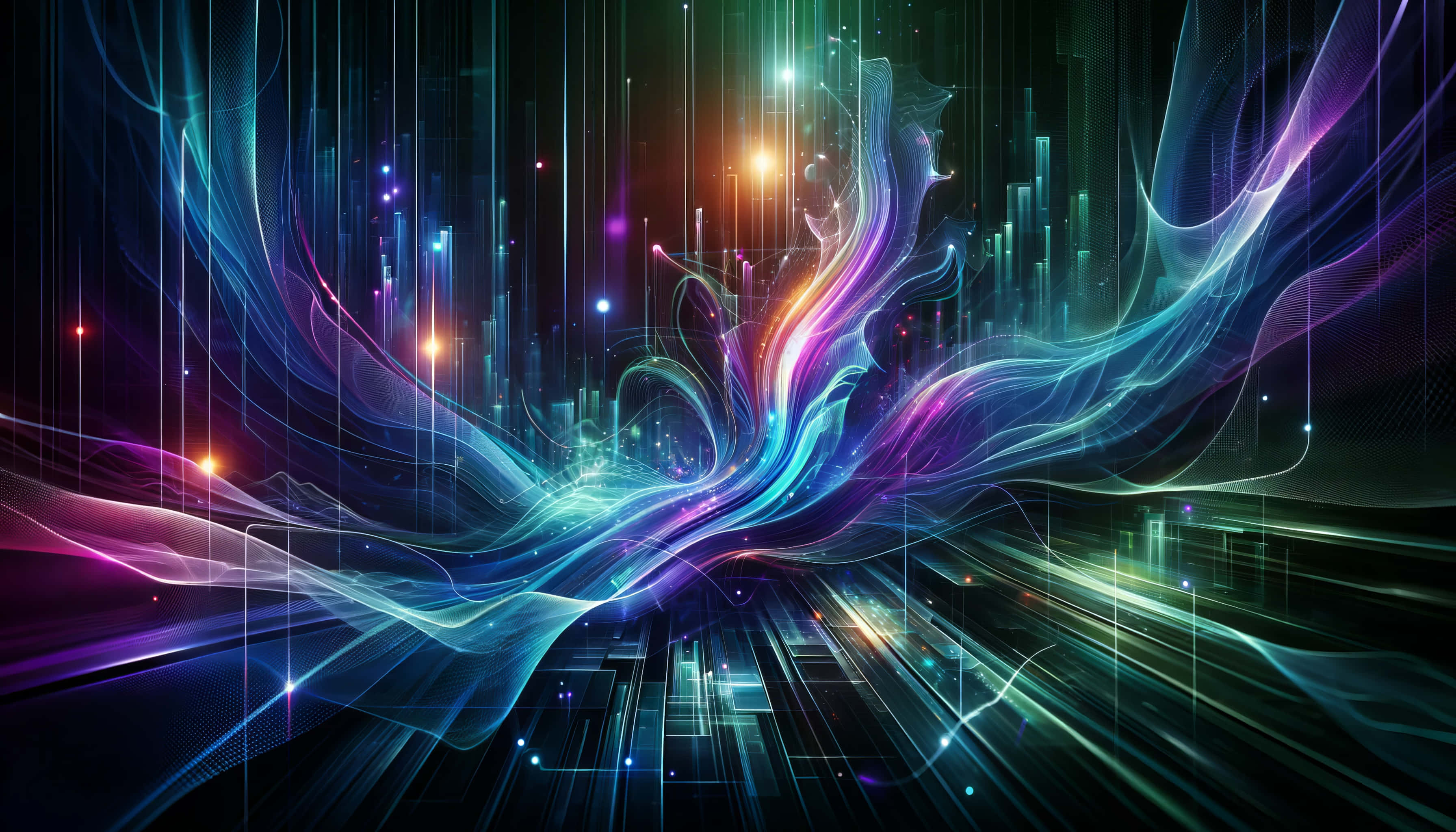 vibrant neon ribbons, dark digital backdrop, glowing vertical lines, 2K Desktop Wallpaper
