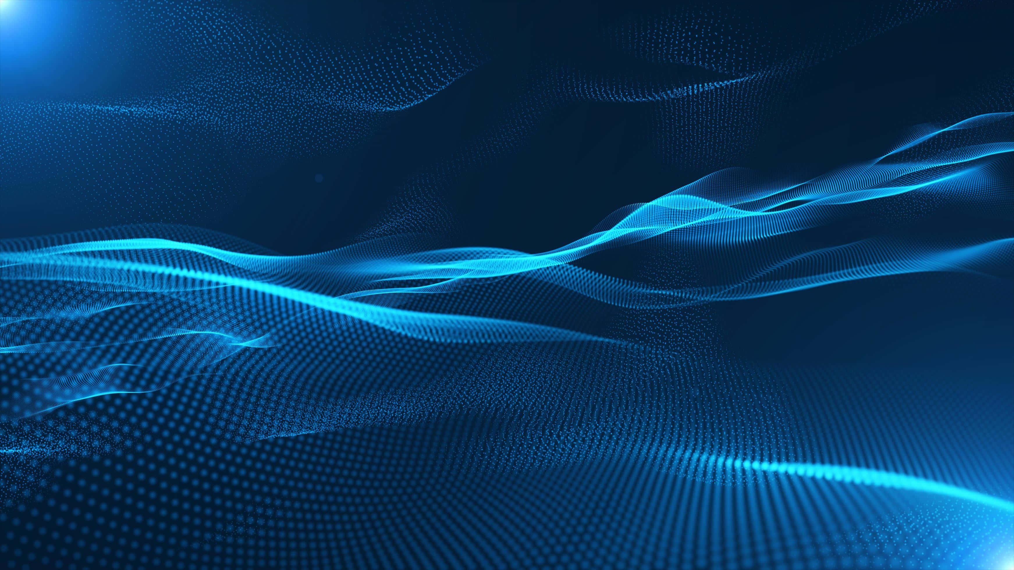 abstract blue energy waves, glowing electric blue waveforms, dark blue pixelated digital surface, 2K Desktop Wallpaper