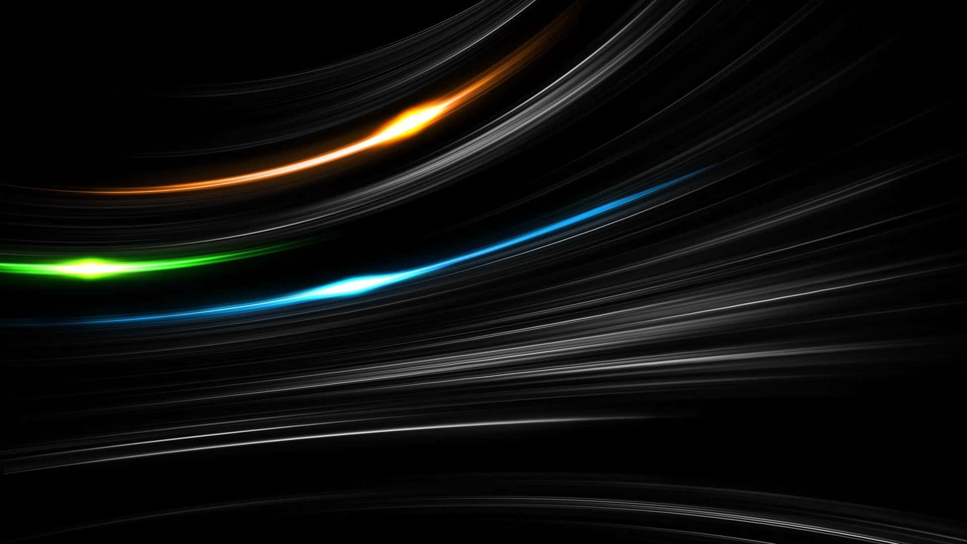 abstract energy flow waves, glowing orange green and blue light, deep black background, Full HD Desktop Wallpaper