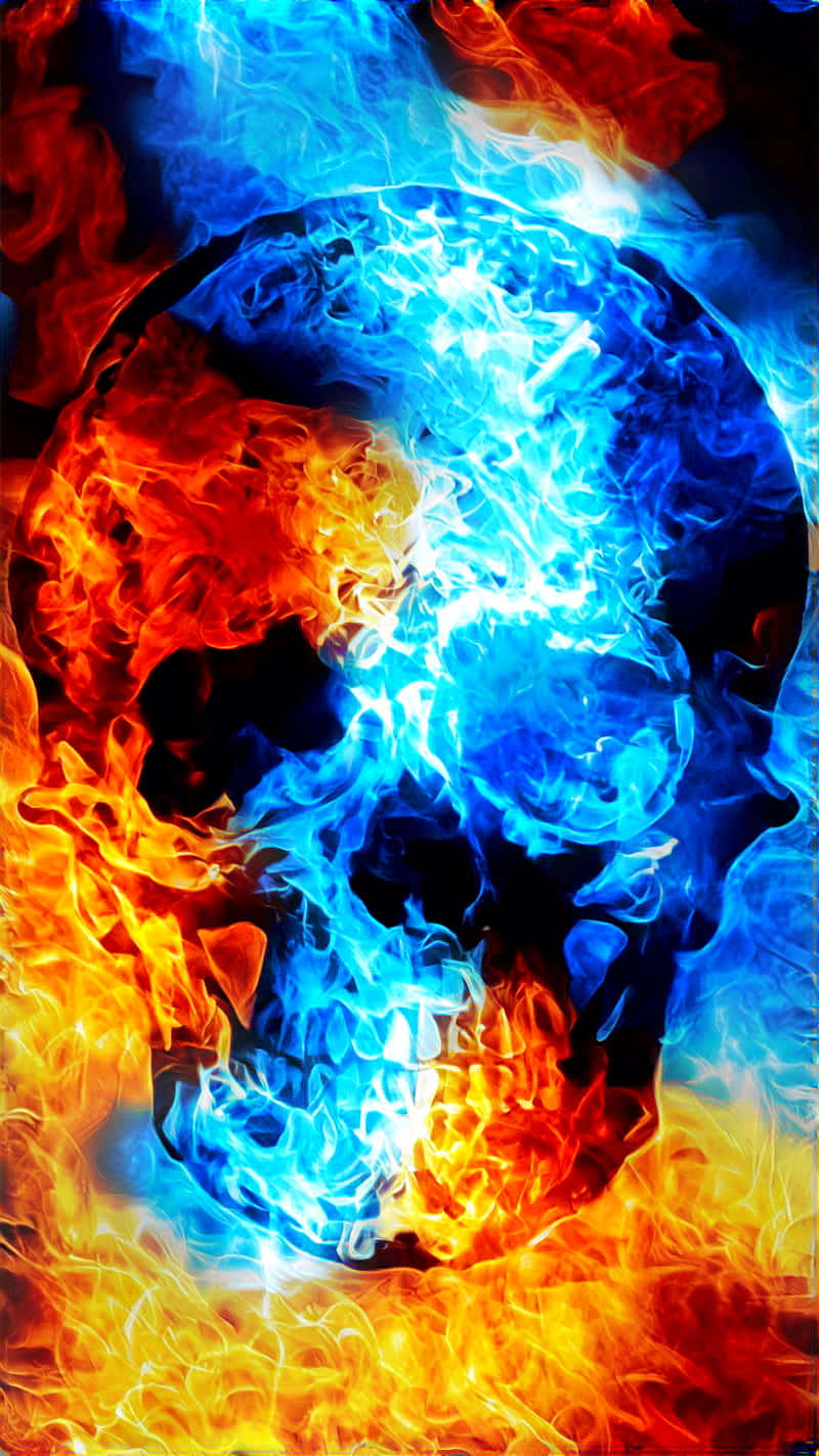 skull, fiery orange flames, icy blue flames, HD Phone Wallpaper