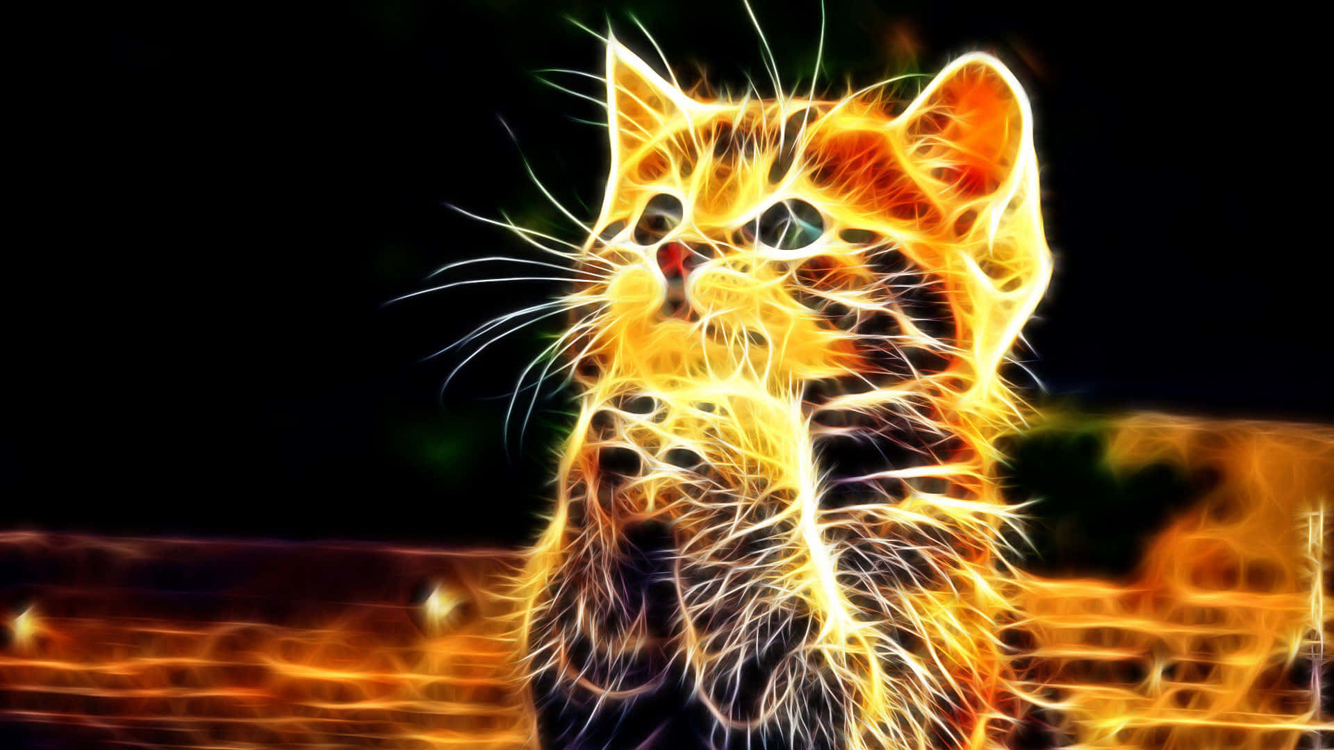 3D fire, fiery orange cat, glowing whiskers, Full HD Desktop Wallpaper