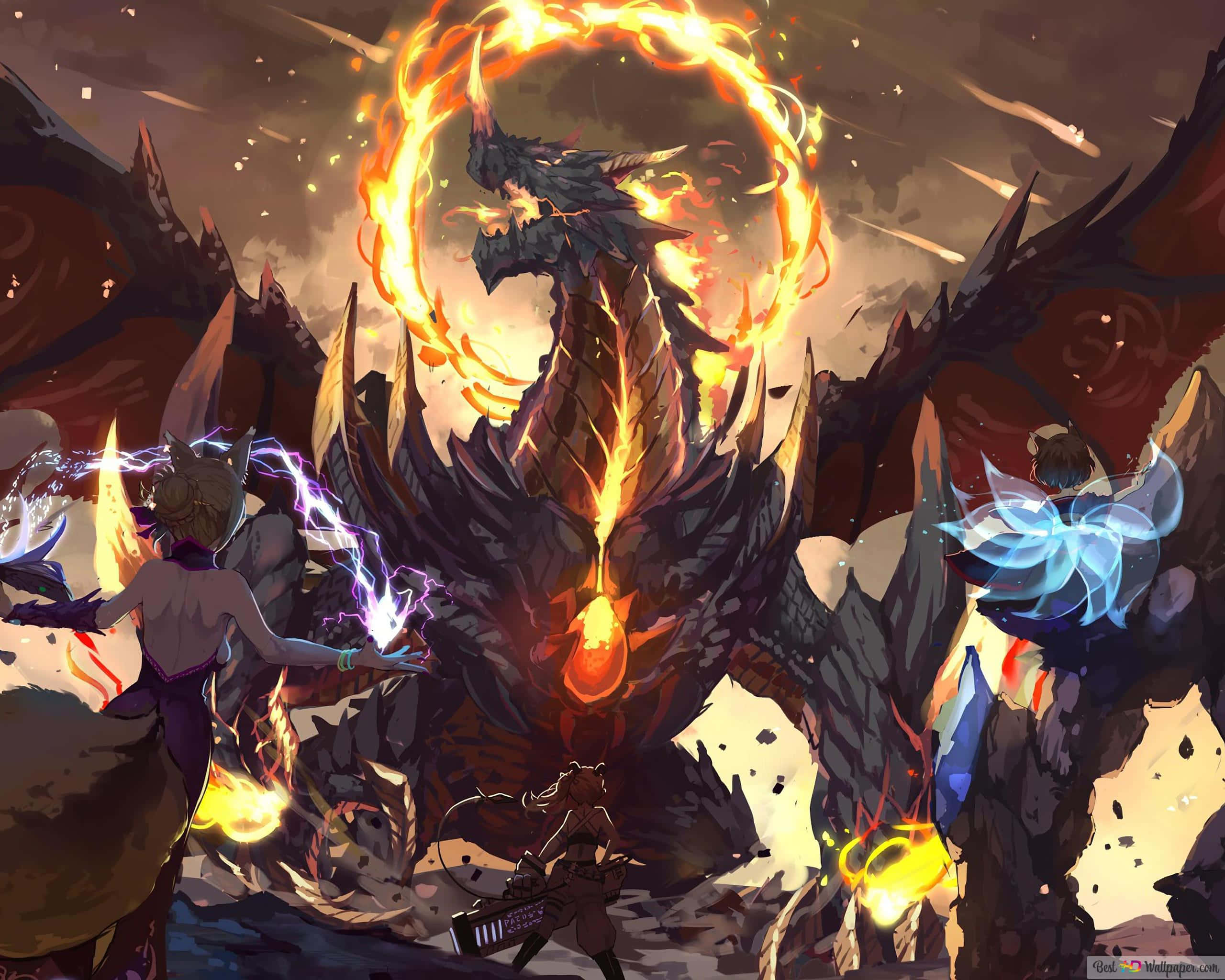 fiery dragon, glowing orange rings, rocky battlefield, 2K Desktop Wallpaper