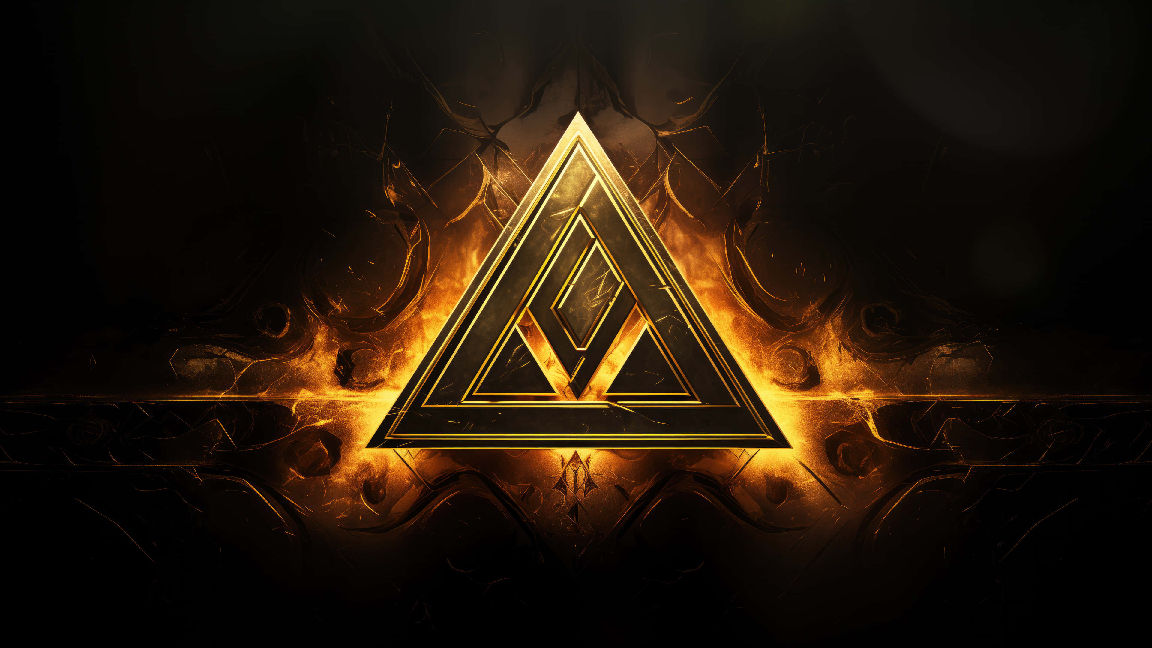 abstract fire triangle art, glowing golden triangle emblem, inner geometric shapes, 4K Desktop Wallpaper