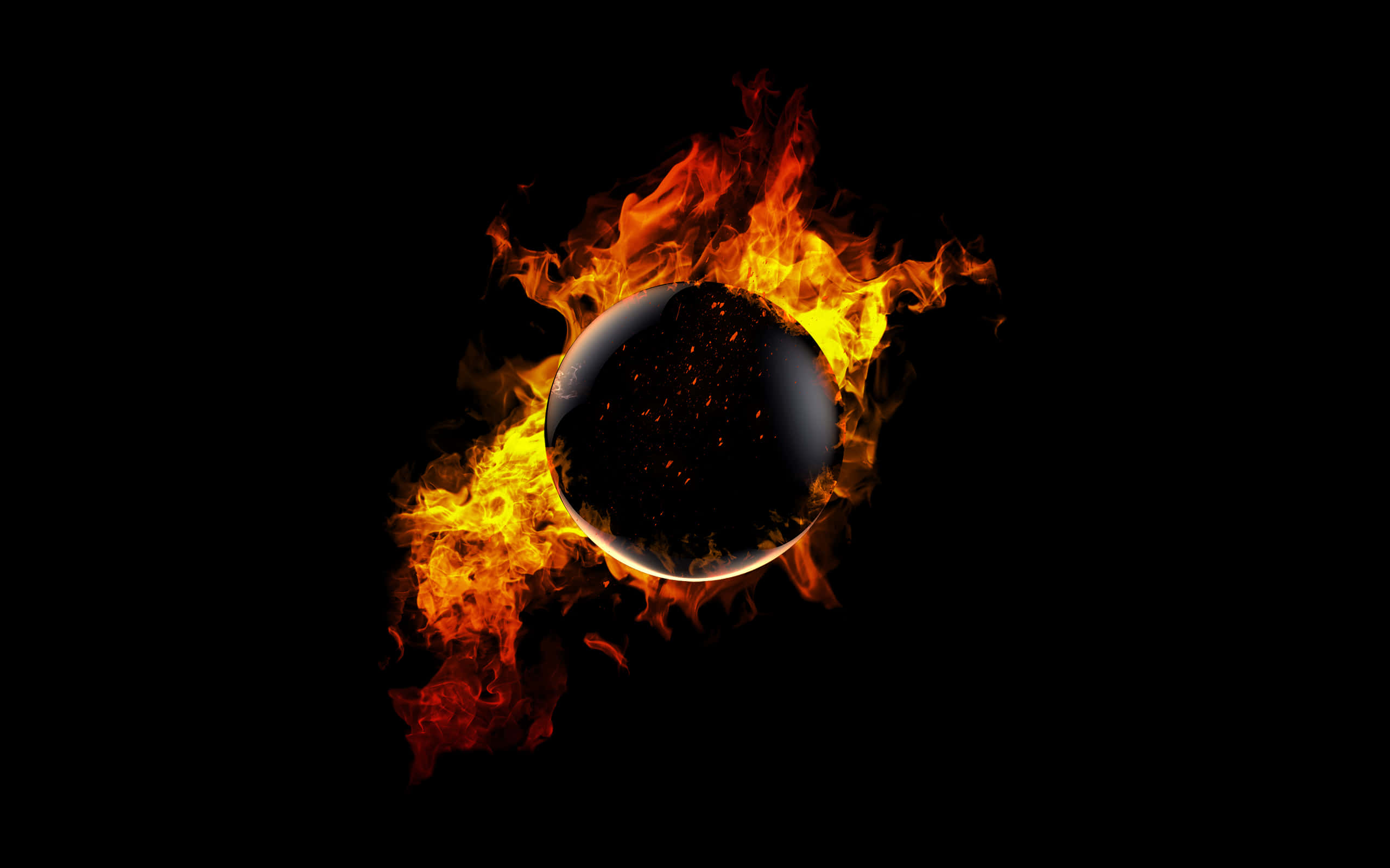 fiery orb, black sphere, vibrant orange and yellow flames, 2K Desktop Wallpaper