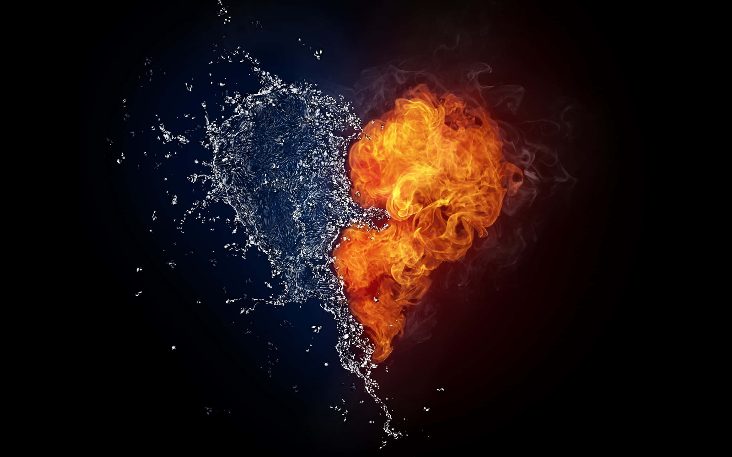heart shape, blue water splash, orange flame, 2K Desktop Wallpaper